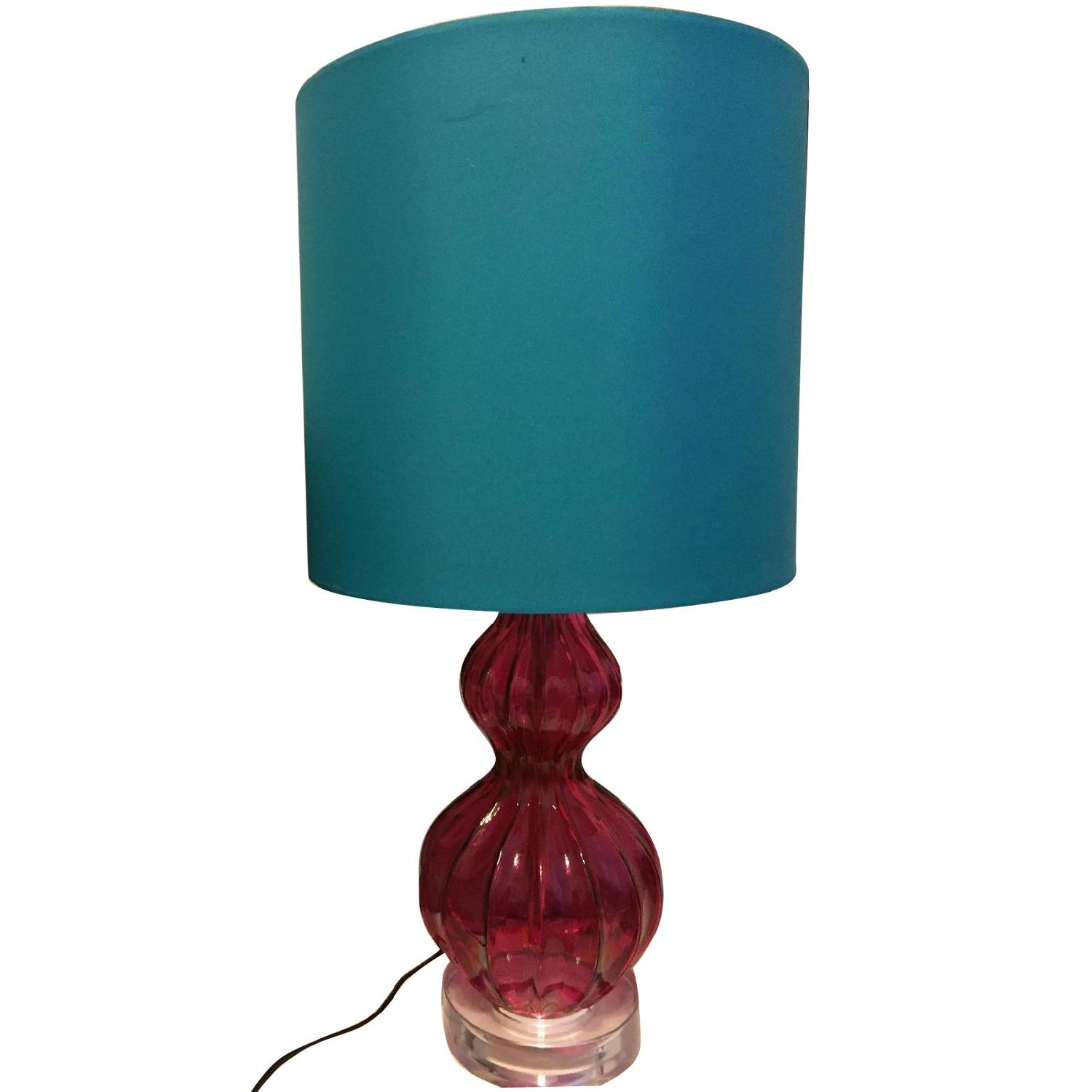 Table Lamp w/ Pink Base & Blue Shade - image-0