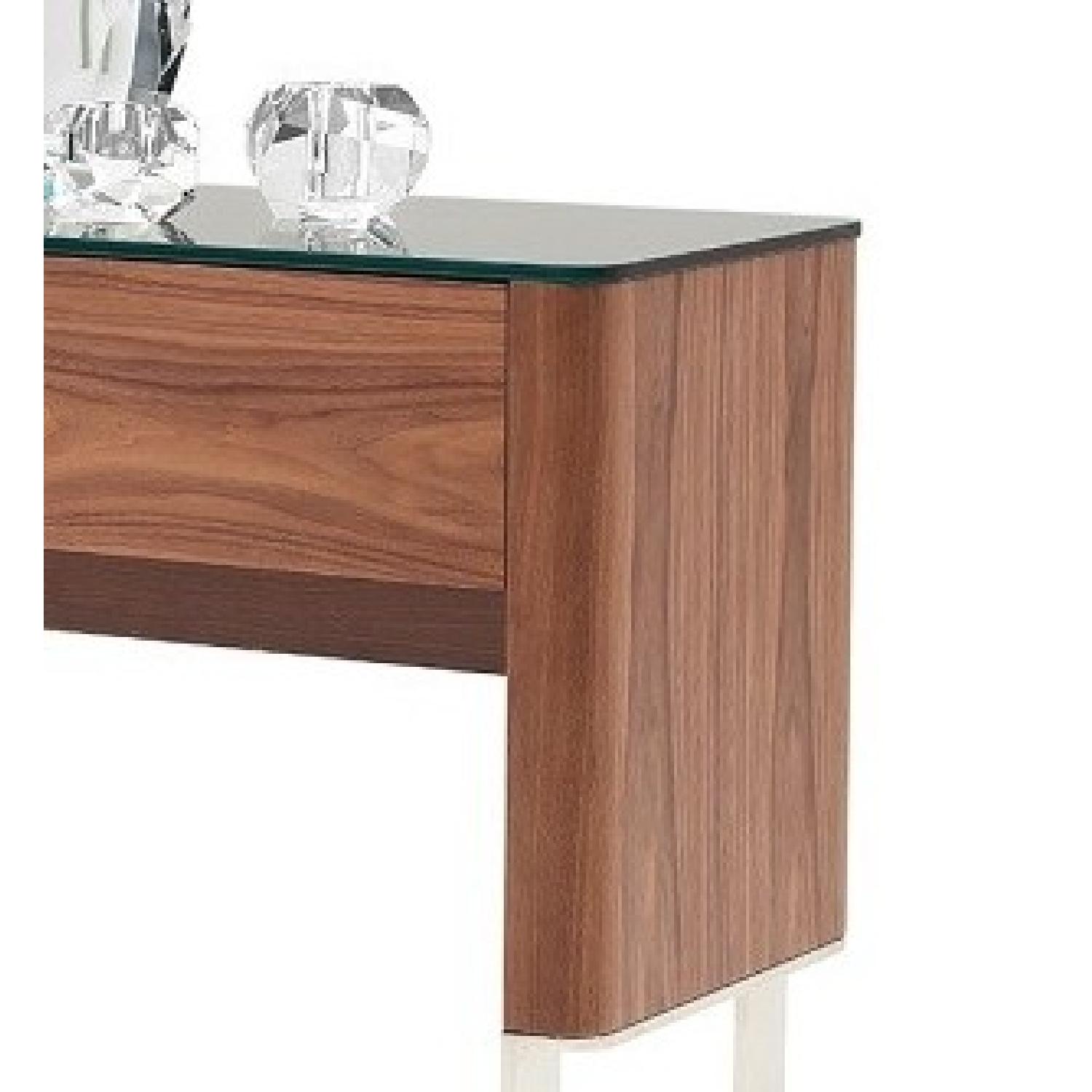 Modern Console Table in Walnut Finish w/ Black Glass Top AptDeco