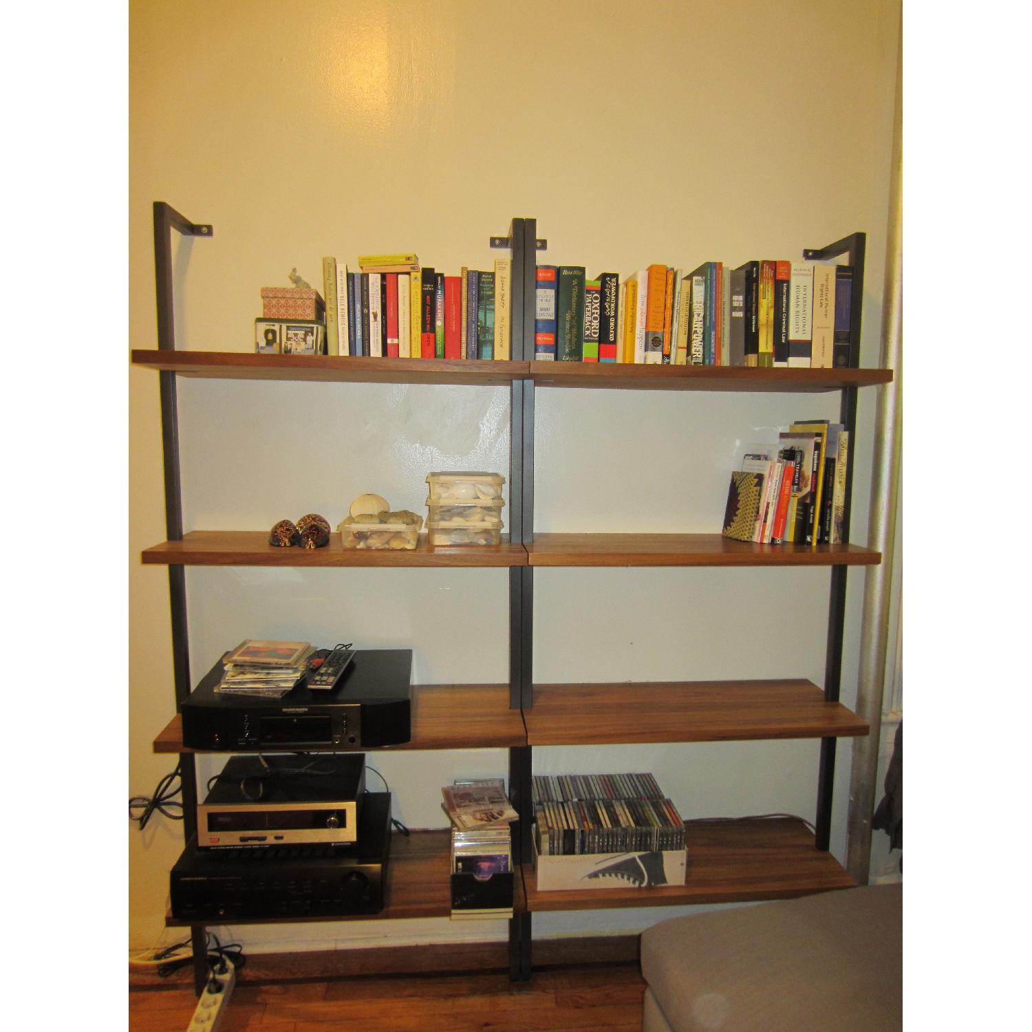 CB2 Helix Bookcases in Acacia AptDeco