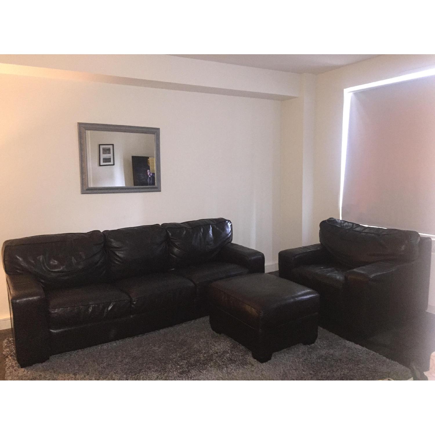 ZGallerie Brown Leather 3Seat Sofa + Oversized Chair & Ottoman AptDeco