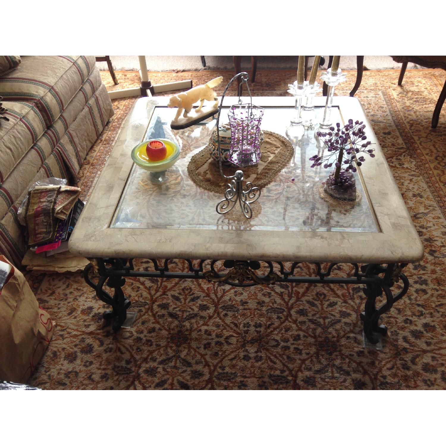 Glass/Marble Wrought Iron Coffee Table AptDeco