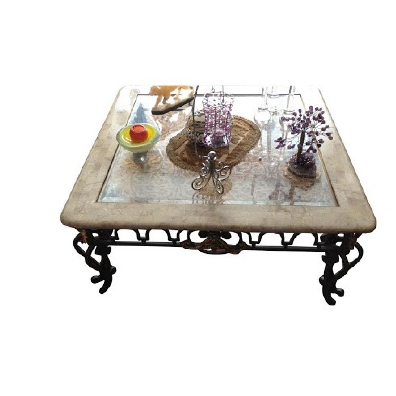 Glass/Marble Wrought Iron Coffee Table - image-0
