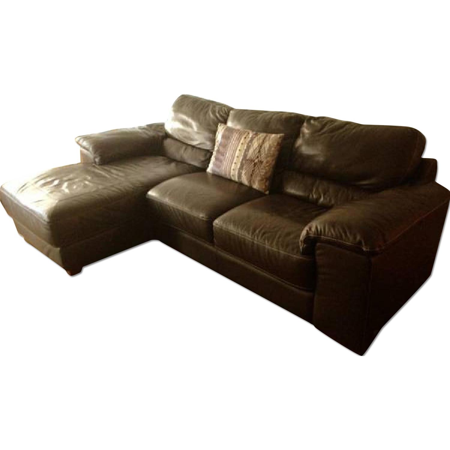 Raymour & Flanigan Brown Leather Sofa w/ Chaise AptDeco