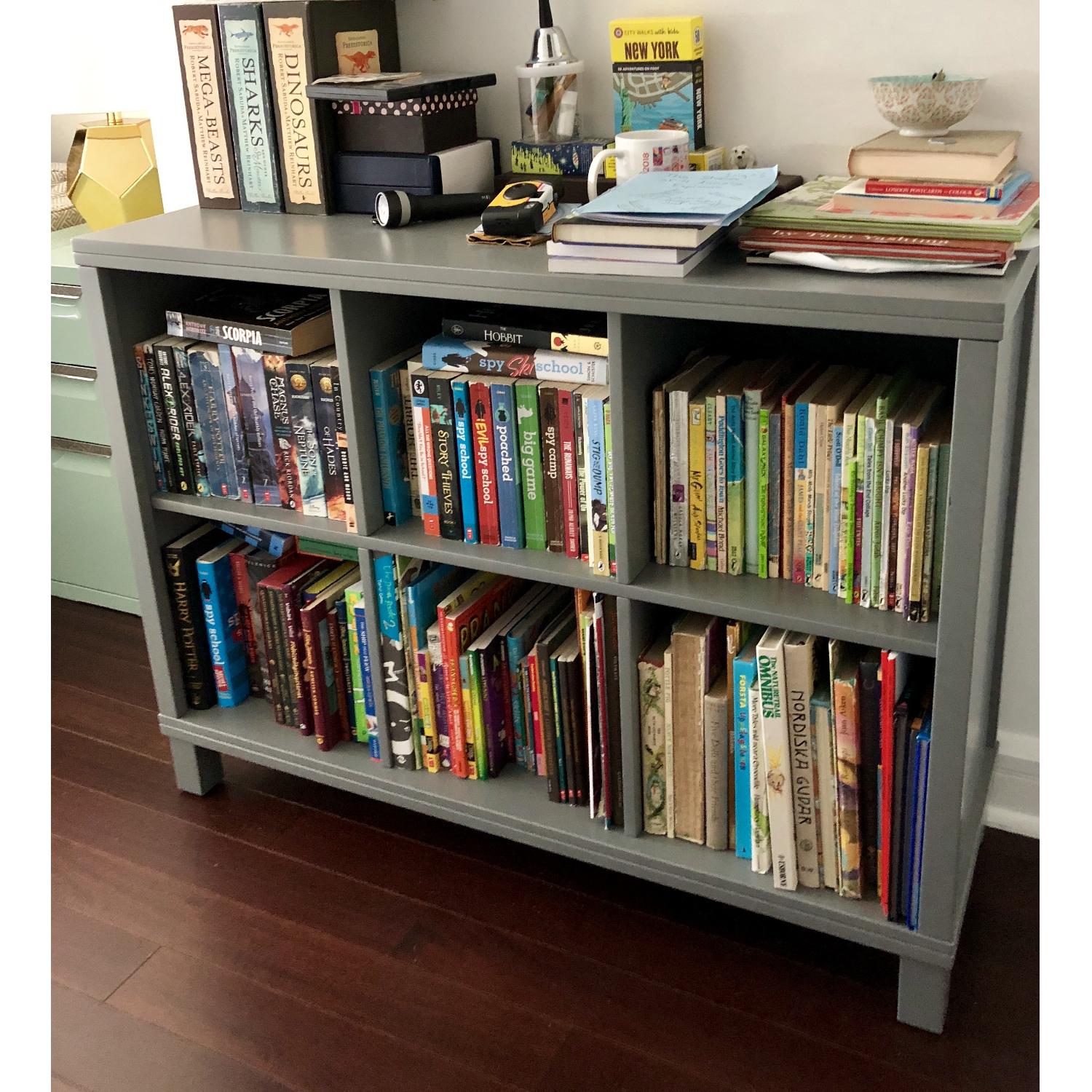 Land Of Nod Grey 6-Cube Bookcase w/ 3 Storage Bins - image-1