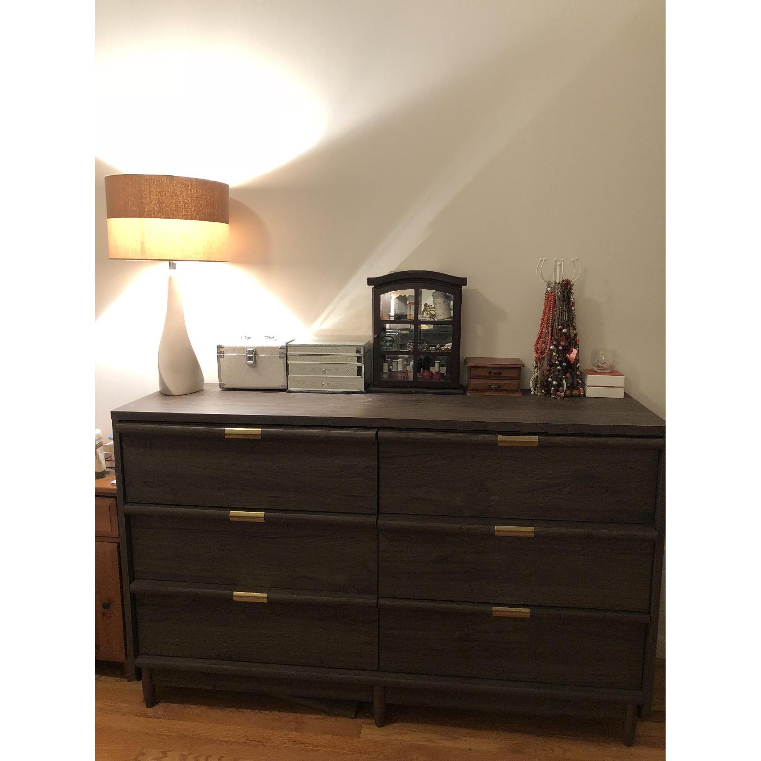 Sauder International Lux 6 Drawer Dresser in Fossil Oak - AptDeco Sauder International Lux 6 Drawer Dresser in Fossil Oak - AptDeco