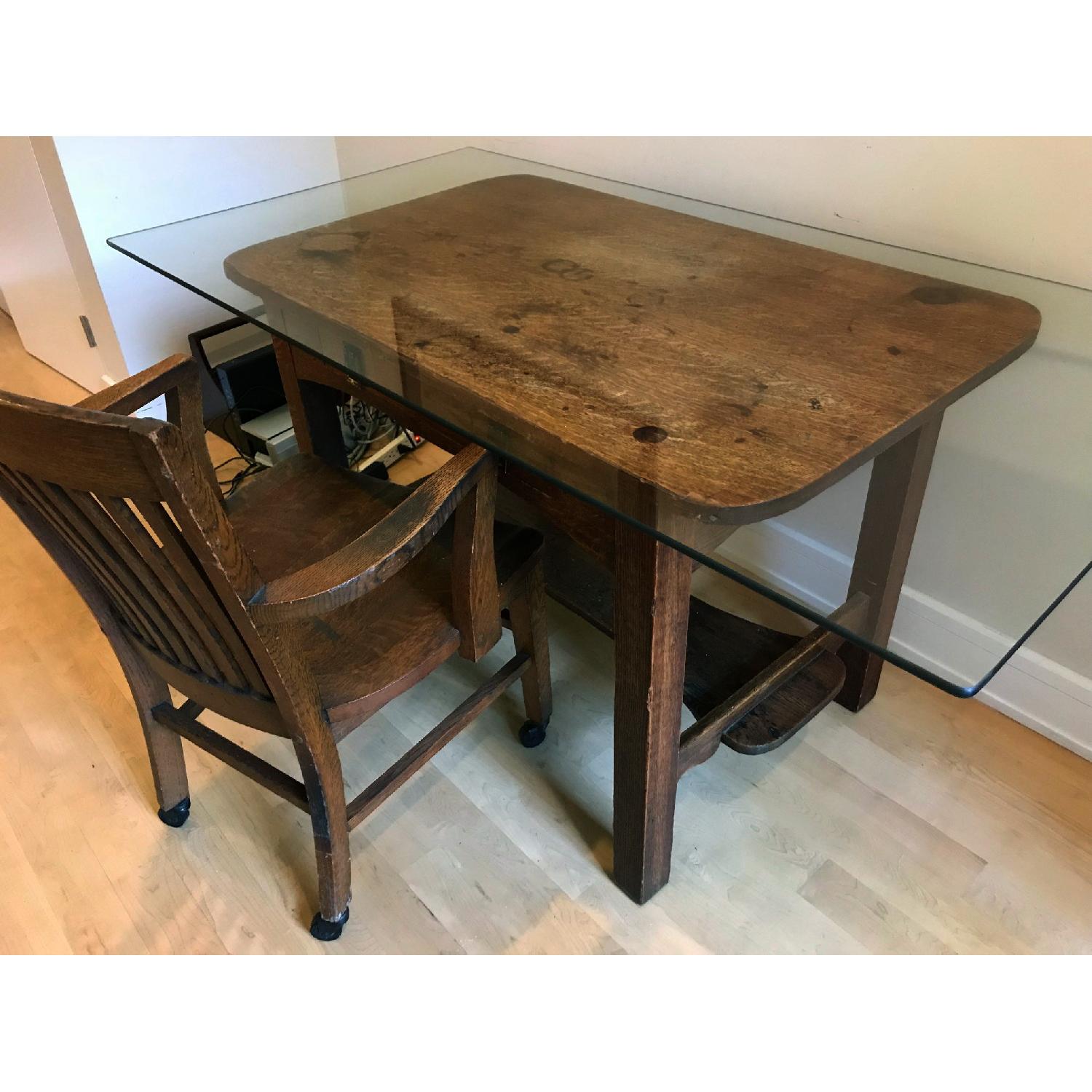 Antique Mission Style Glass Top Desk & Chair - image-1