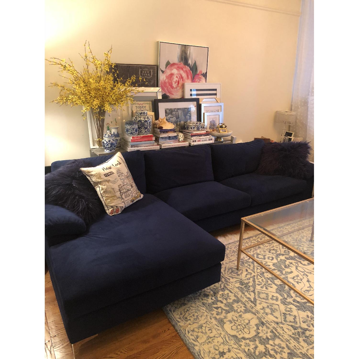 Navy Velvet L-Shape Sectional Sofa w/ Extra Wide Chaise - image-1