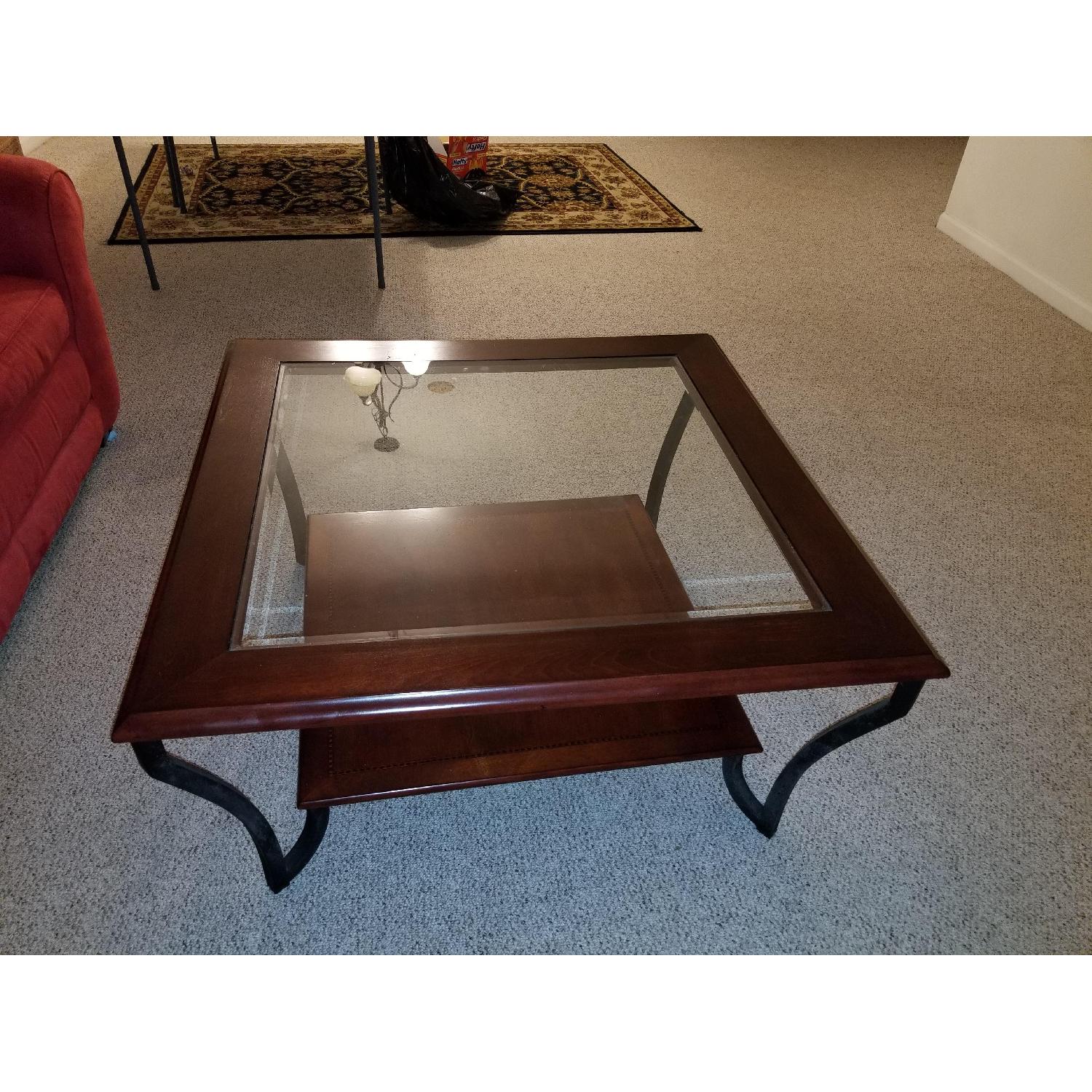 Wood Frame Glass Top Coffee Table + Matching End Table - image-3