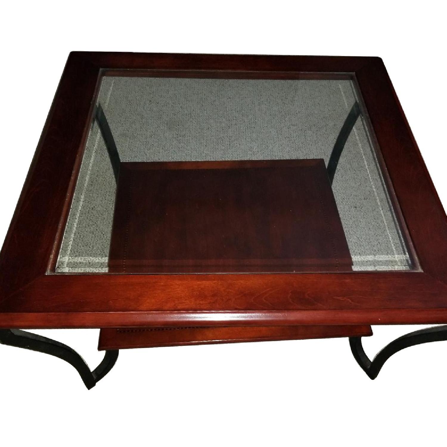 Wood Frame Glass Top Coffee Table + Matching End Table - image-0