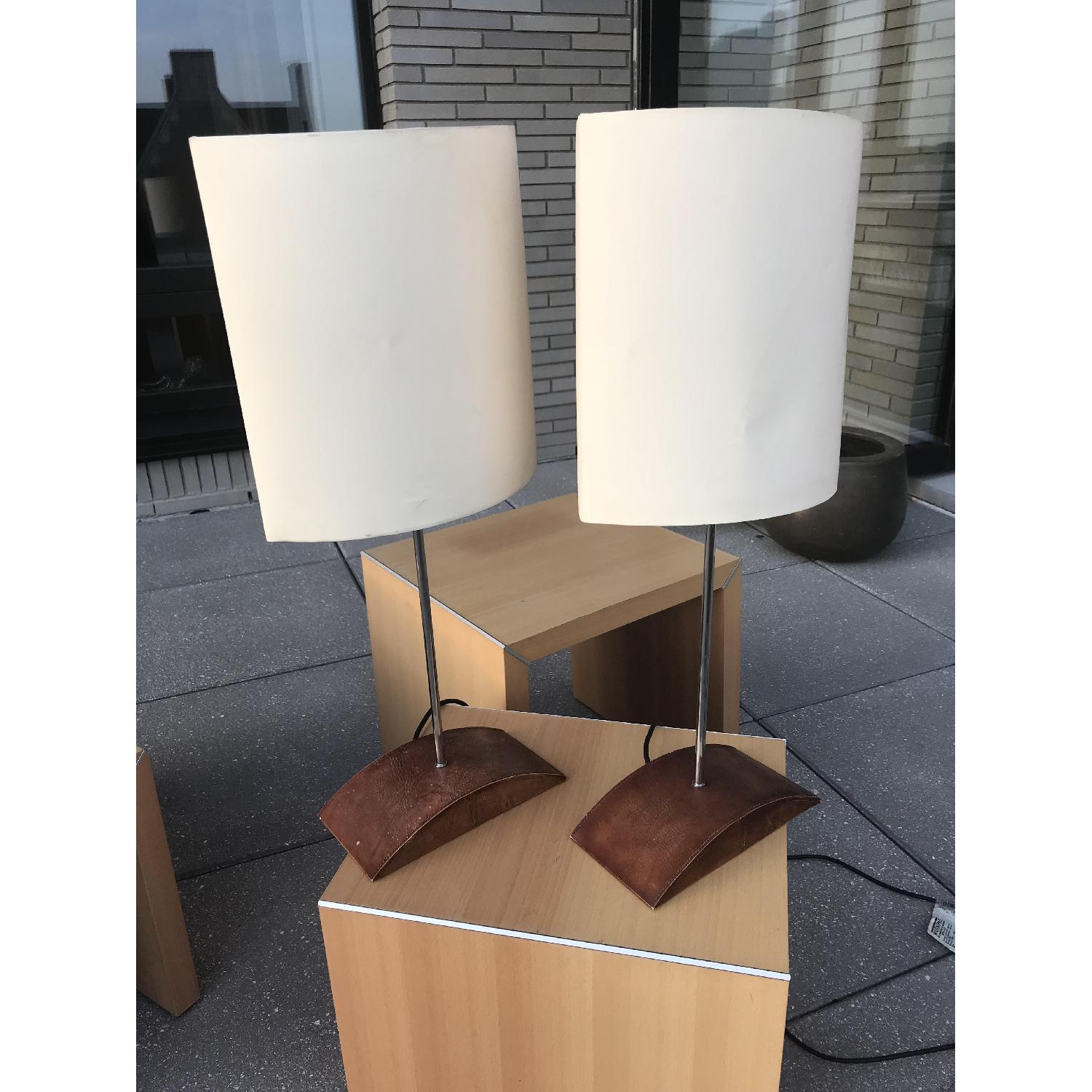 Heals Tan Leather & Metal Elliptical Table Lamps - image-2