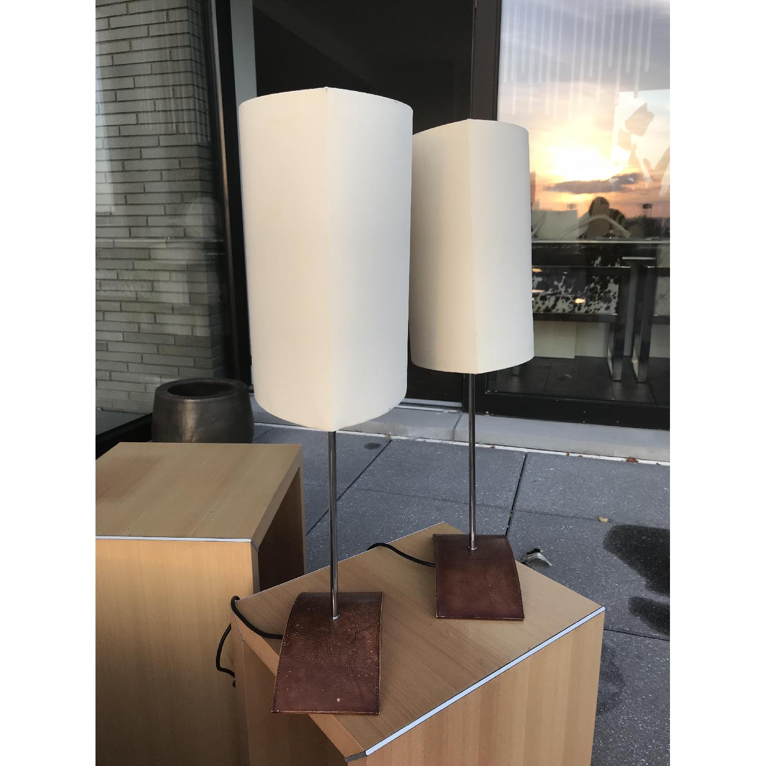 Heals Tan Leather & Metal Elliptical Table Lamps - image-3