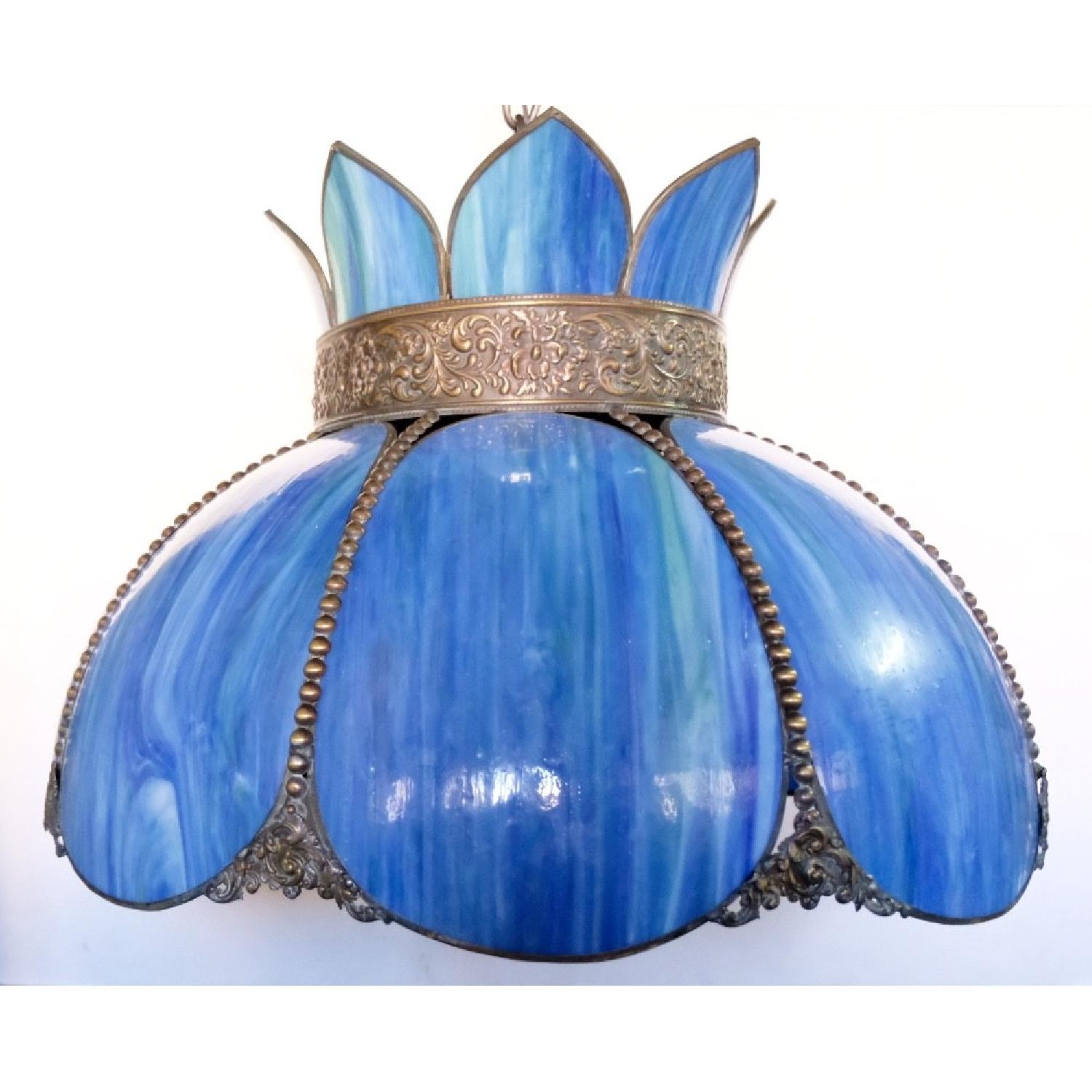 Vintage Tiffany Style Slag Glass Pendant Lamp Light Fixture - image-1