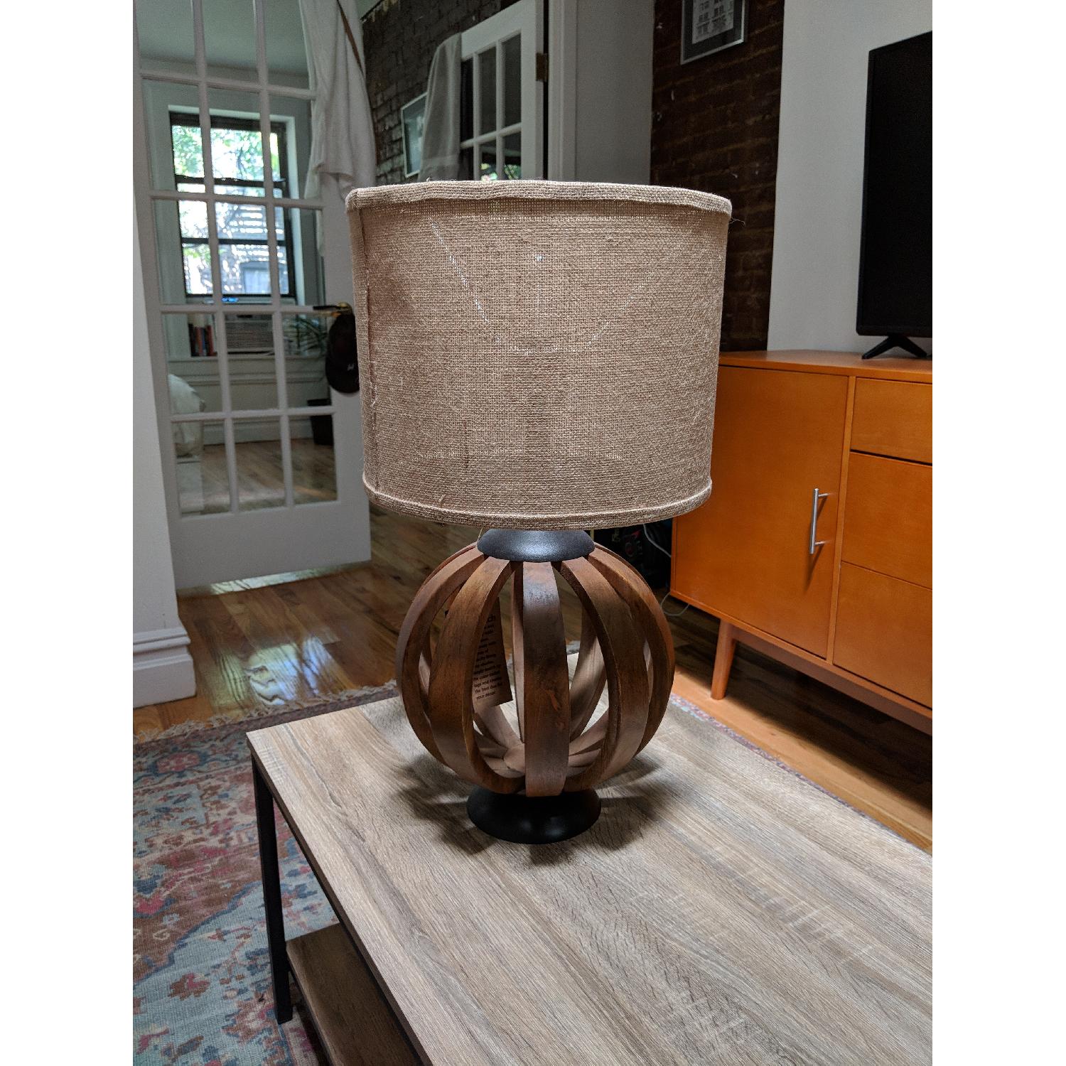 World Market Wood Barrel Table Lamp Base w/ Burlap Shade - image-1