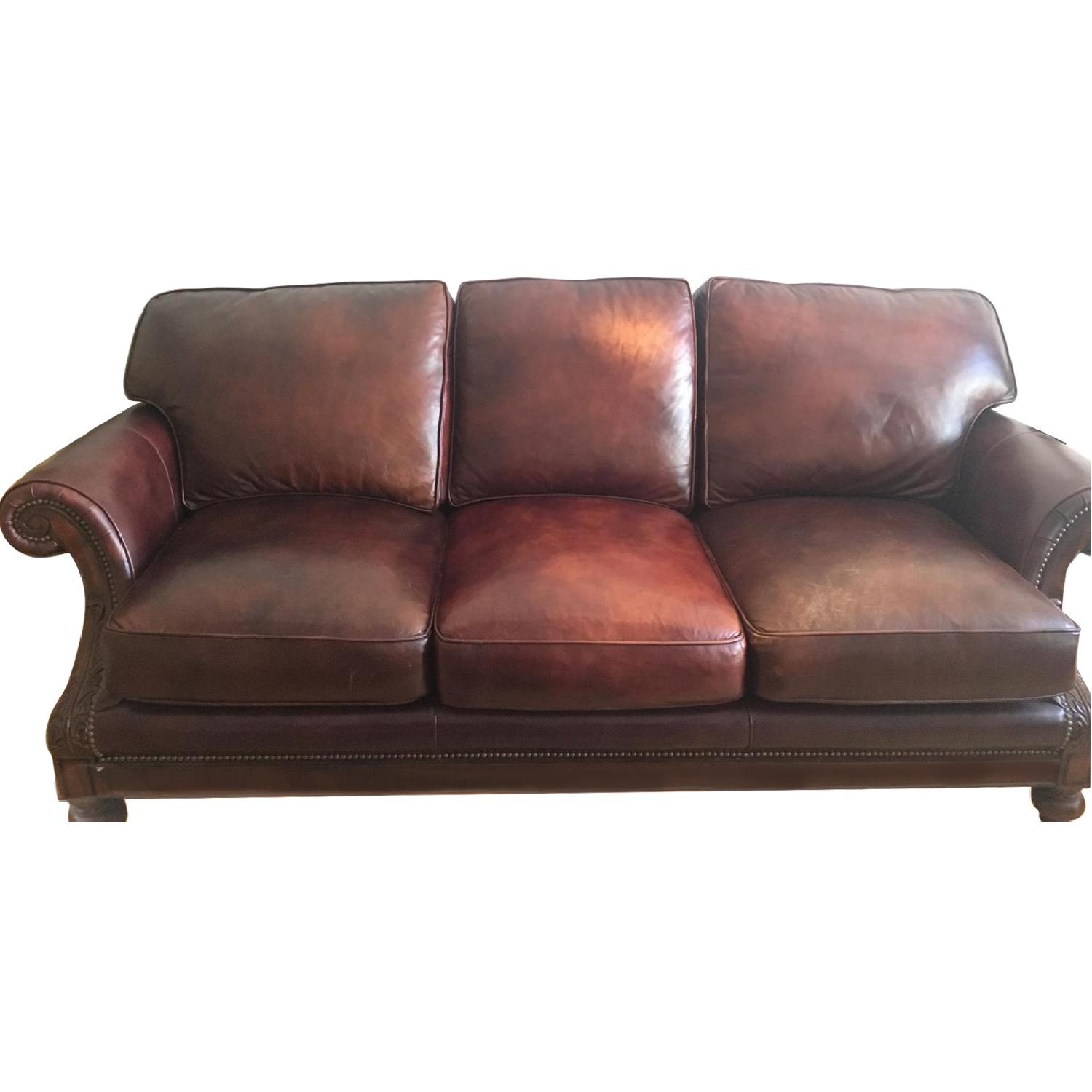 Bradington Young Leather Sofa w/ Gold Leaf Engraving AptDeco