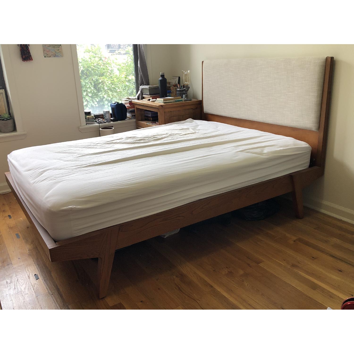 West Elm Modern Bed w/ Linen Weave Headboard AptDeco