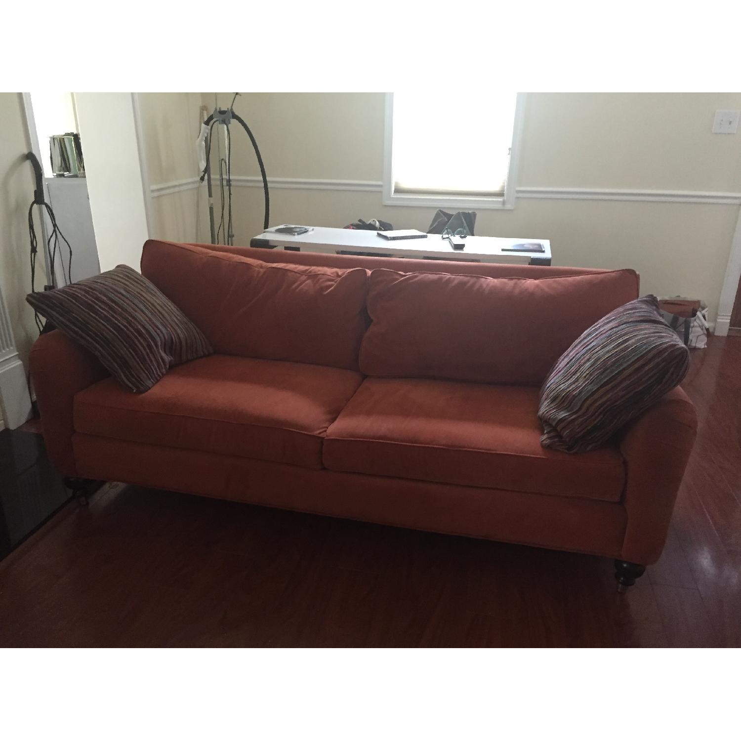 Custom Microsuede Couch w/ 2 Throw Pillows & Ottoman - image-2