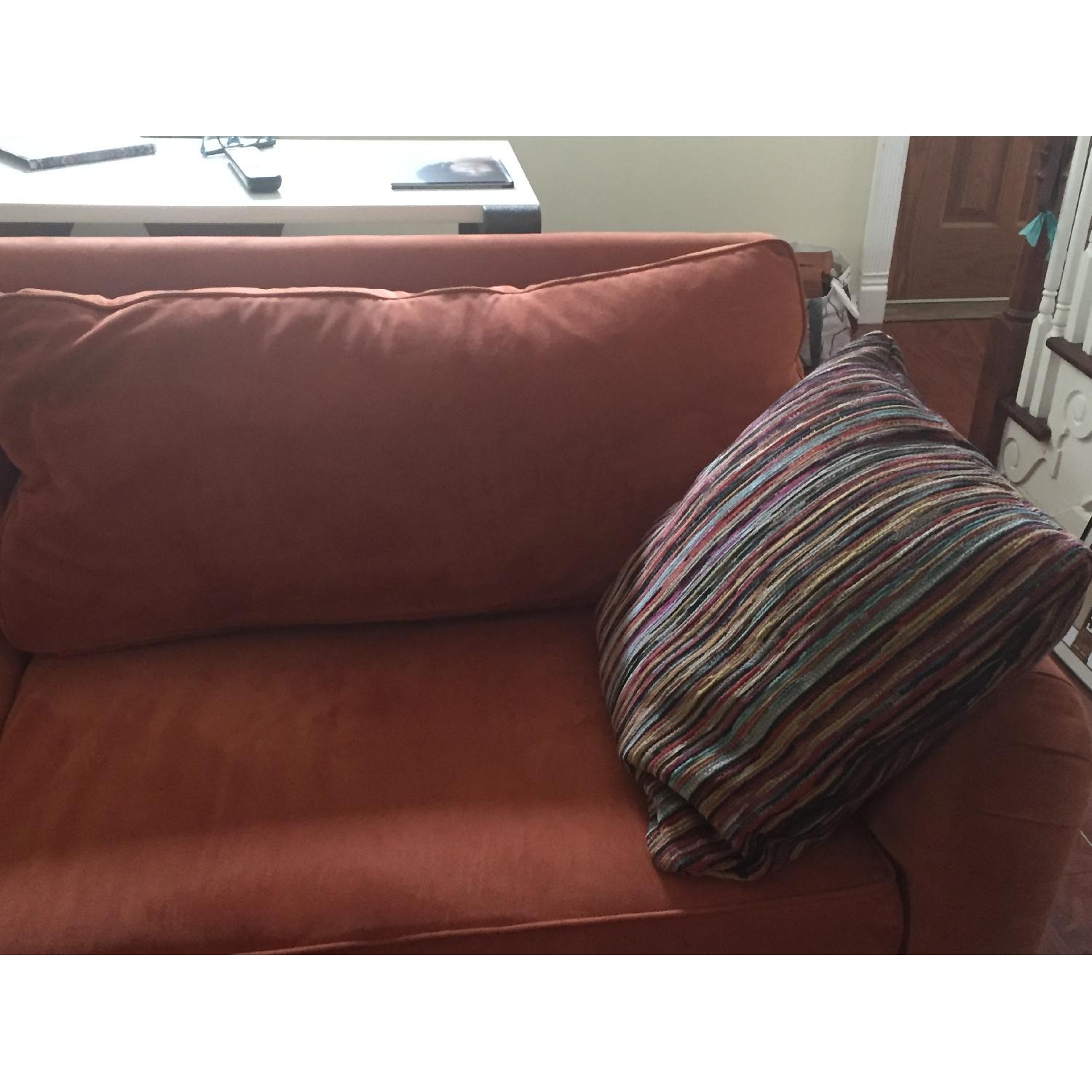 Custom Microsuede Couch w/ 2 Throw Pillows & Ottoman - image-3