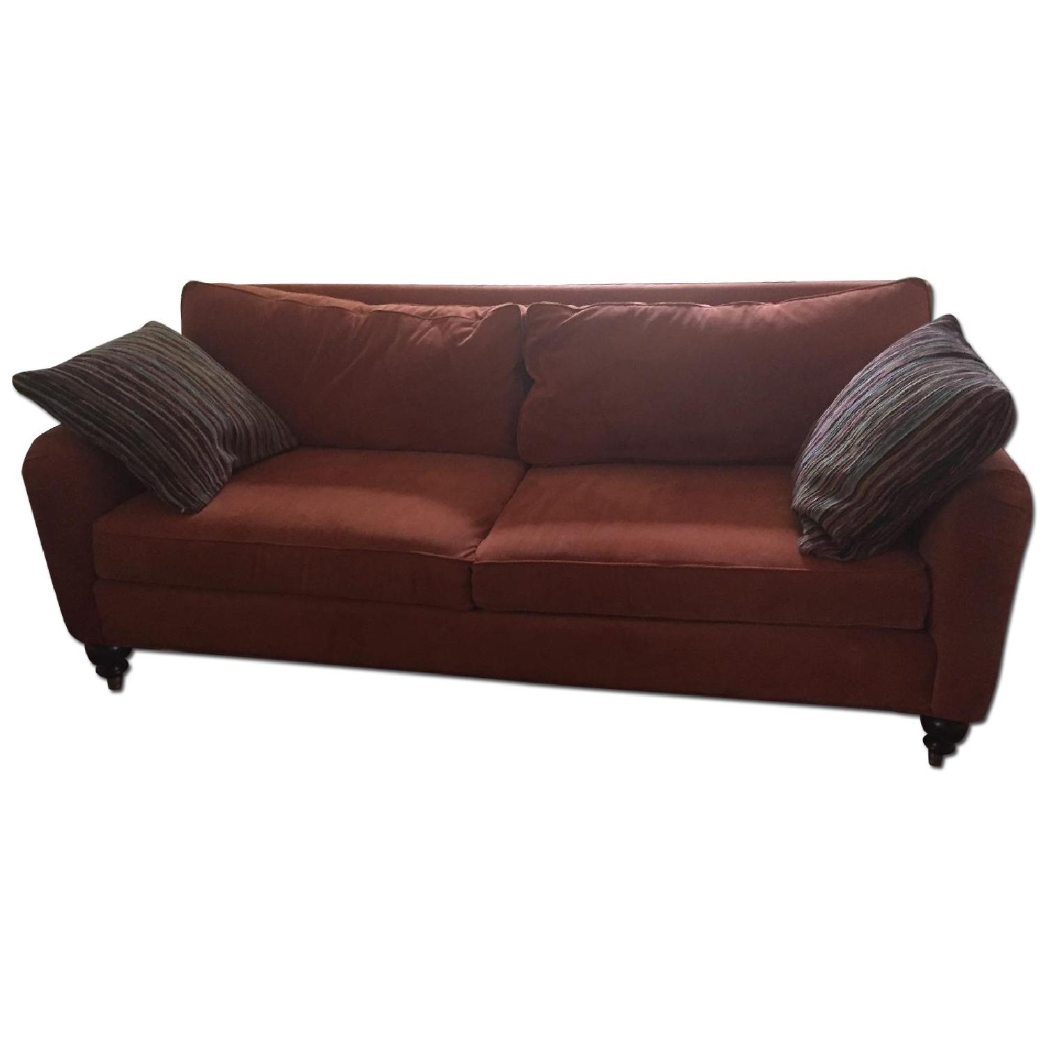 Custom Microsuede Couch w/ 2 Throw Pillows & Ottoman - image-0