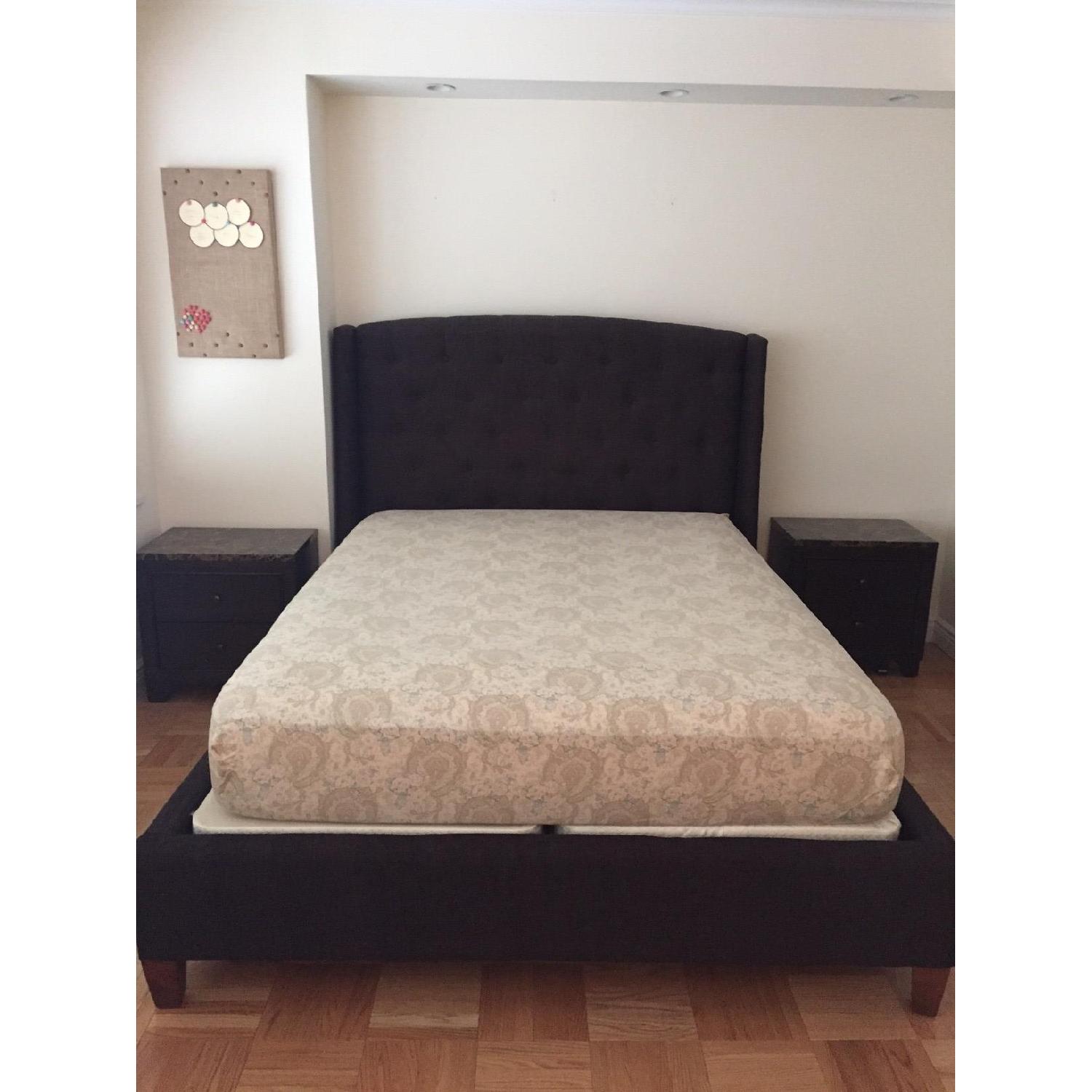Dark Brown Upholstered Queen Size Bed w/ Button Tufting on Headboard - image-1