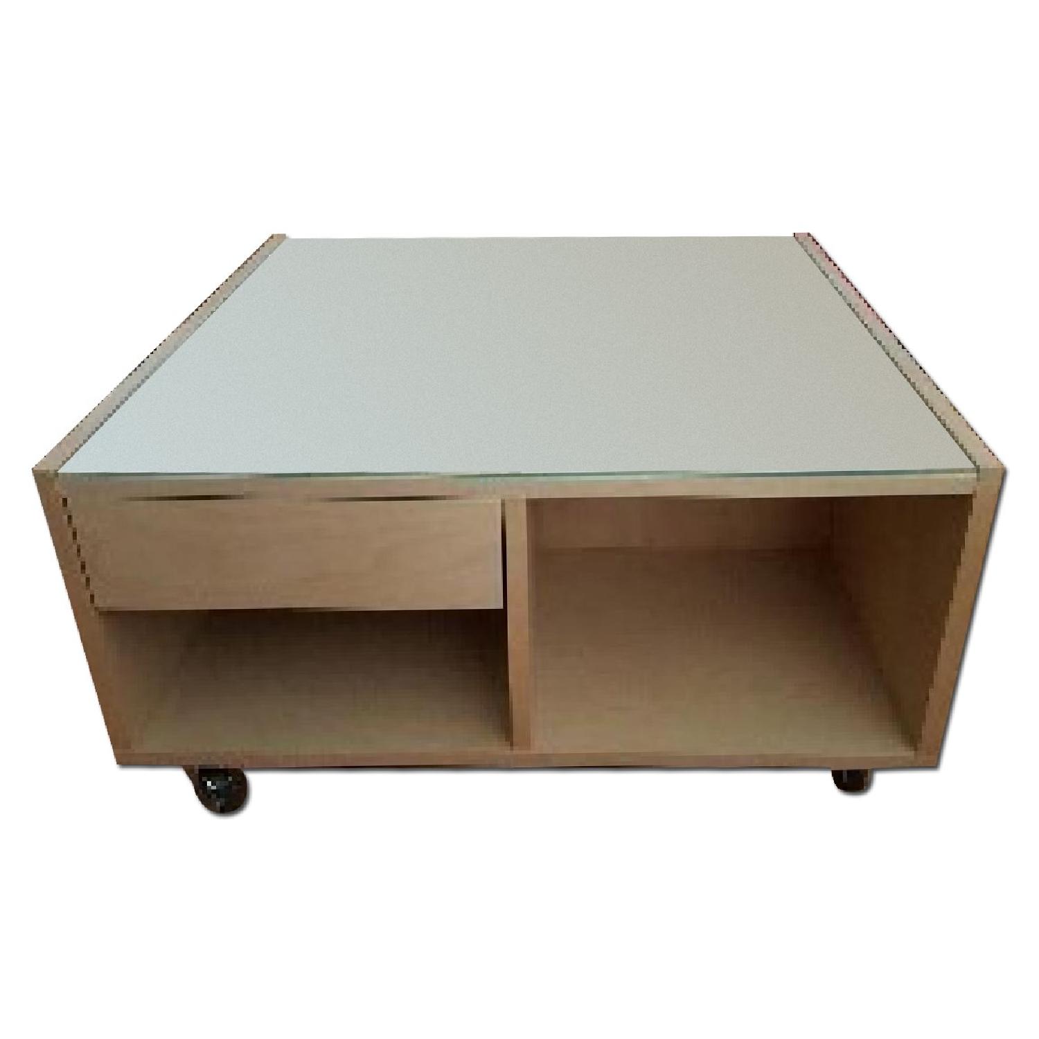 Ikea Boksel Wheeled Coffee Table w/ Tempered Glass Protection Top AptDeco