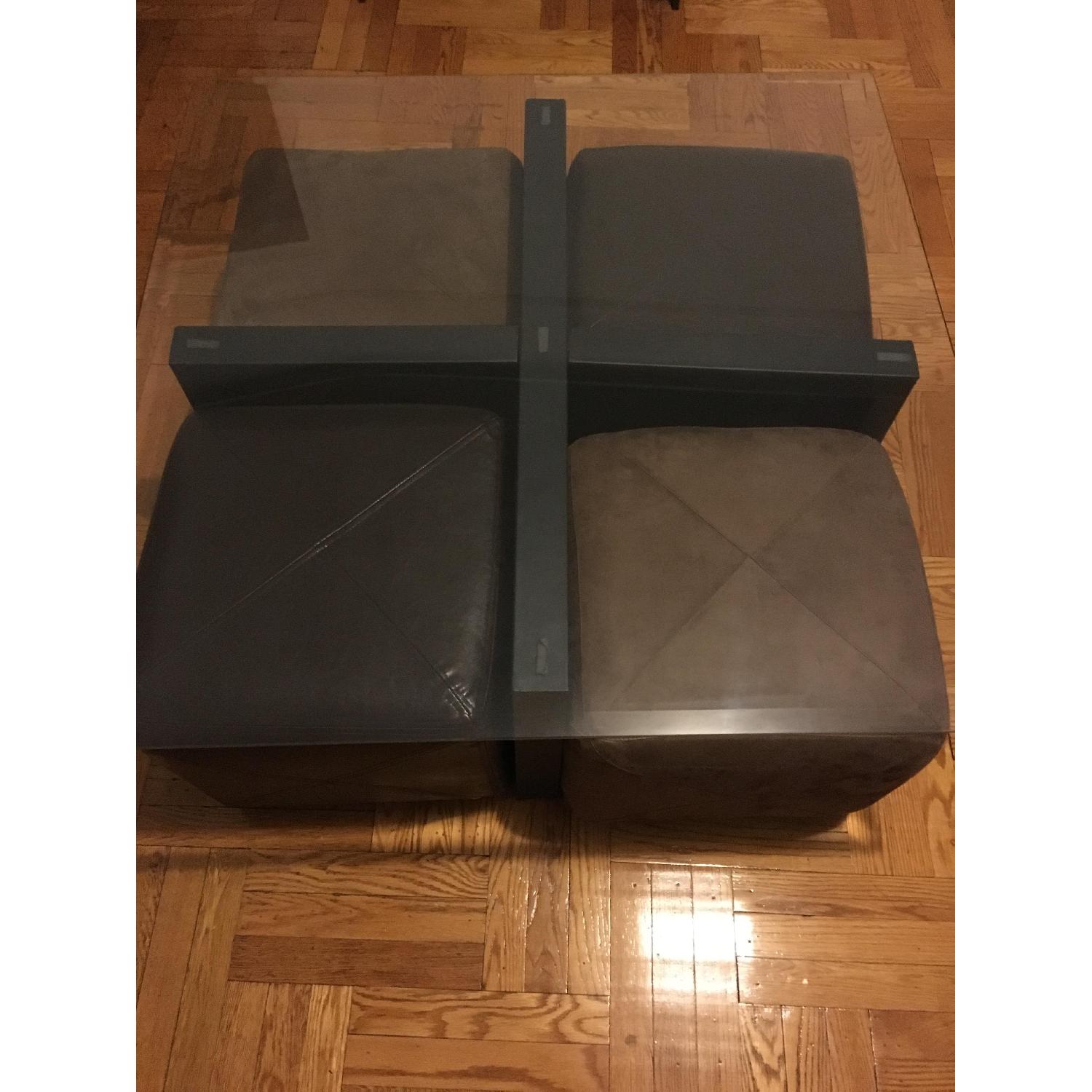 Glass Coffee Table w/ 4 Rollable Cube Stools - image-1