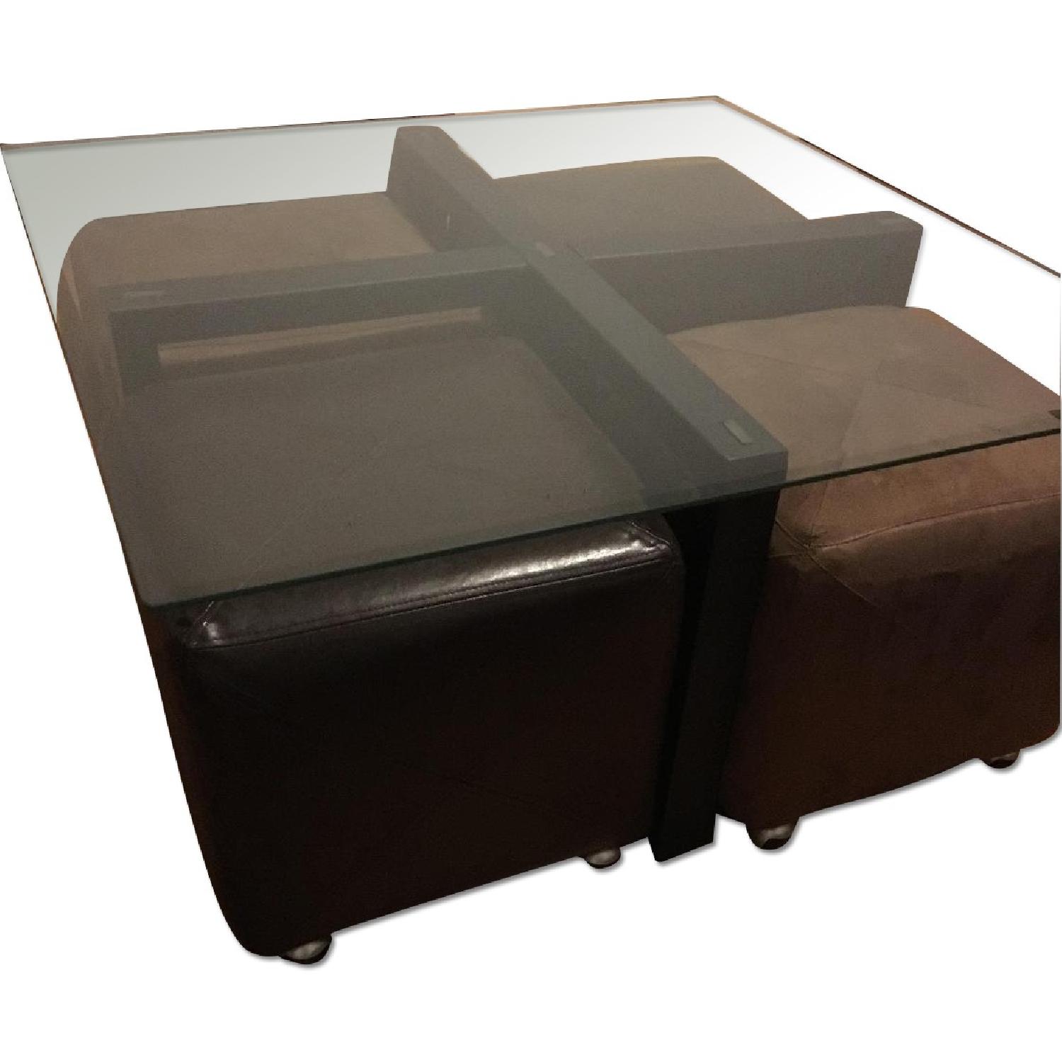 Glass Coffee Table w/ 4 Rollable Cube Stools - image-0