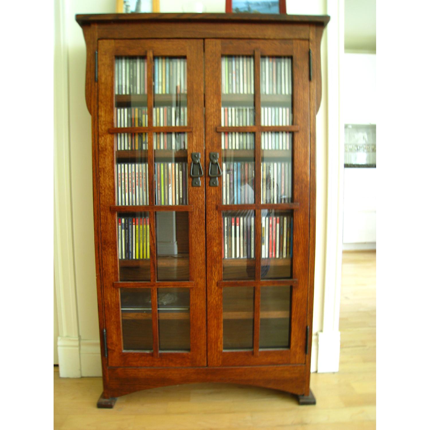 Solid Oak Mission CD Cabinet w/ Glass Doors - image-1