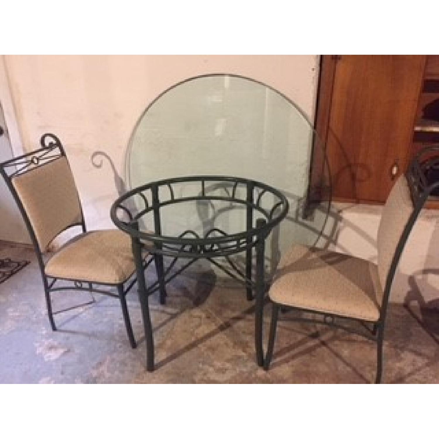Glass Top Dining Table w/ 4 Green Upholstered Chairs - AptDeco