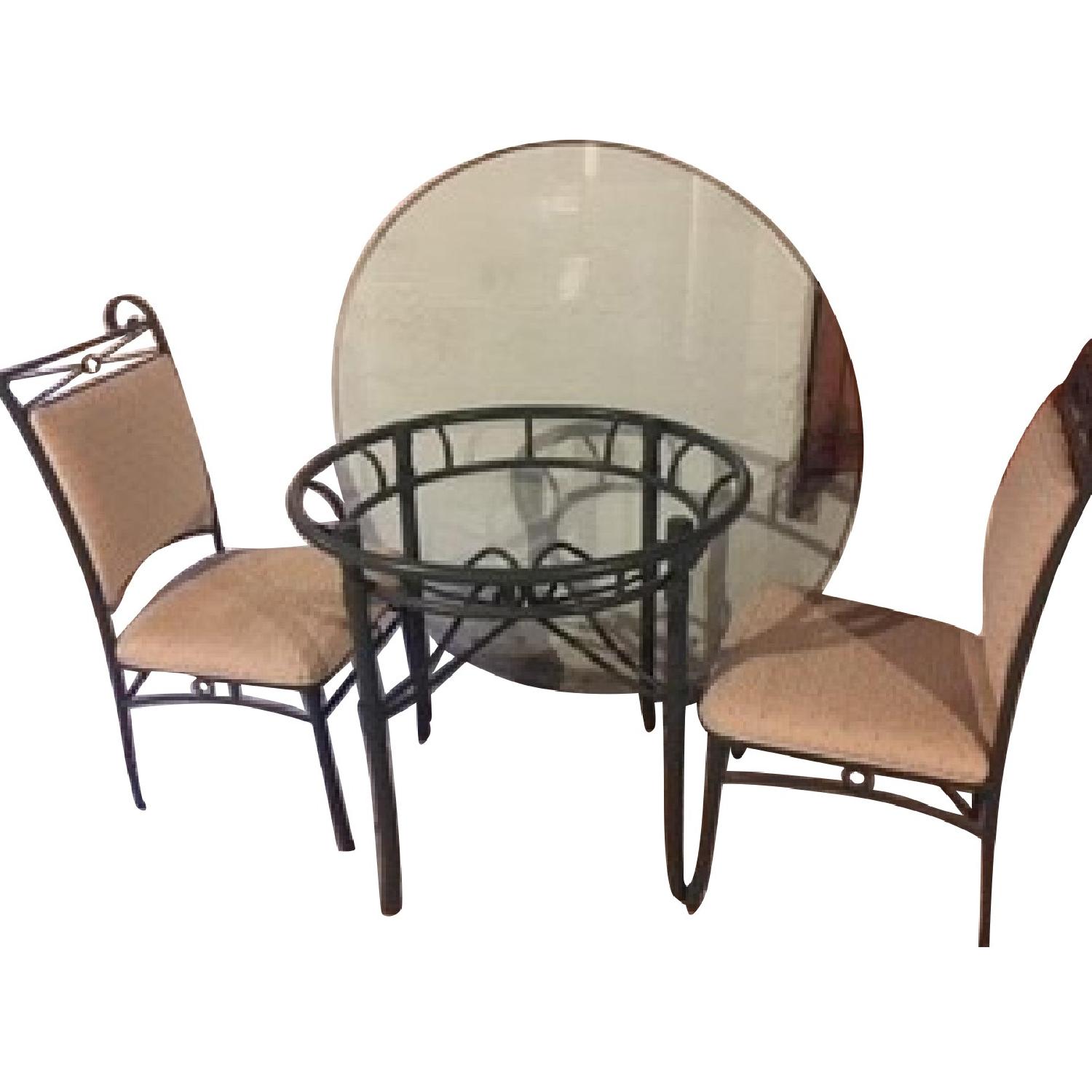Glass Top Dining Table w/ 4 Green Upholstered Chairs - AptDeco