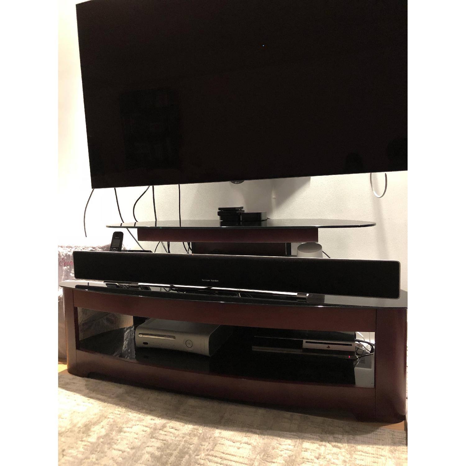 Cherry Wood & Black Tempered Glass Entertainment Center - image-1