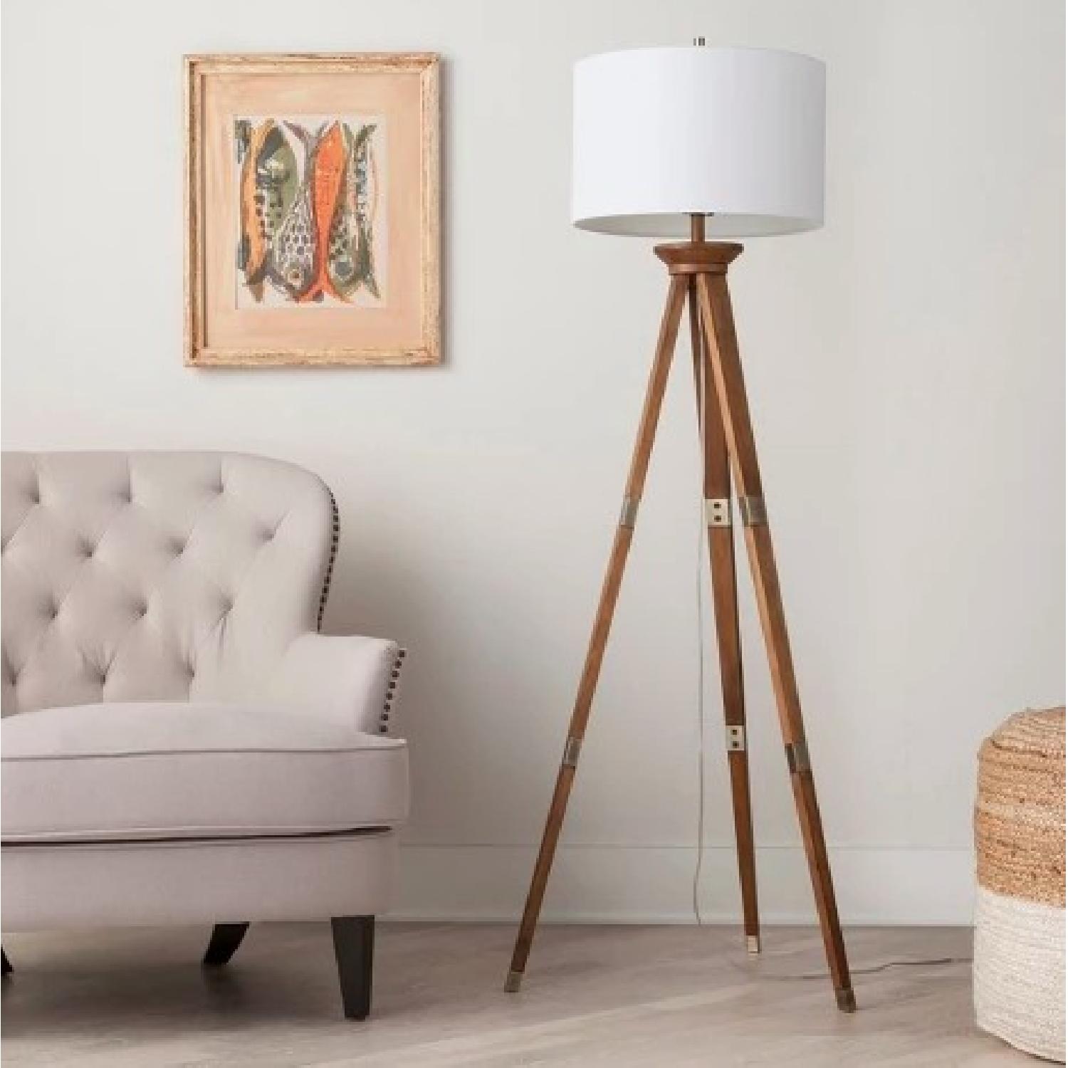 Target Oak Wood Tripod Brass Floor Lamp - image-2