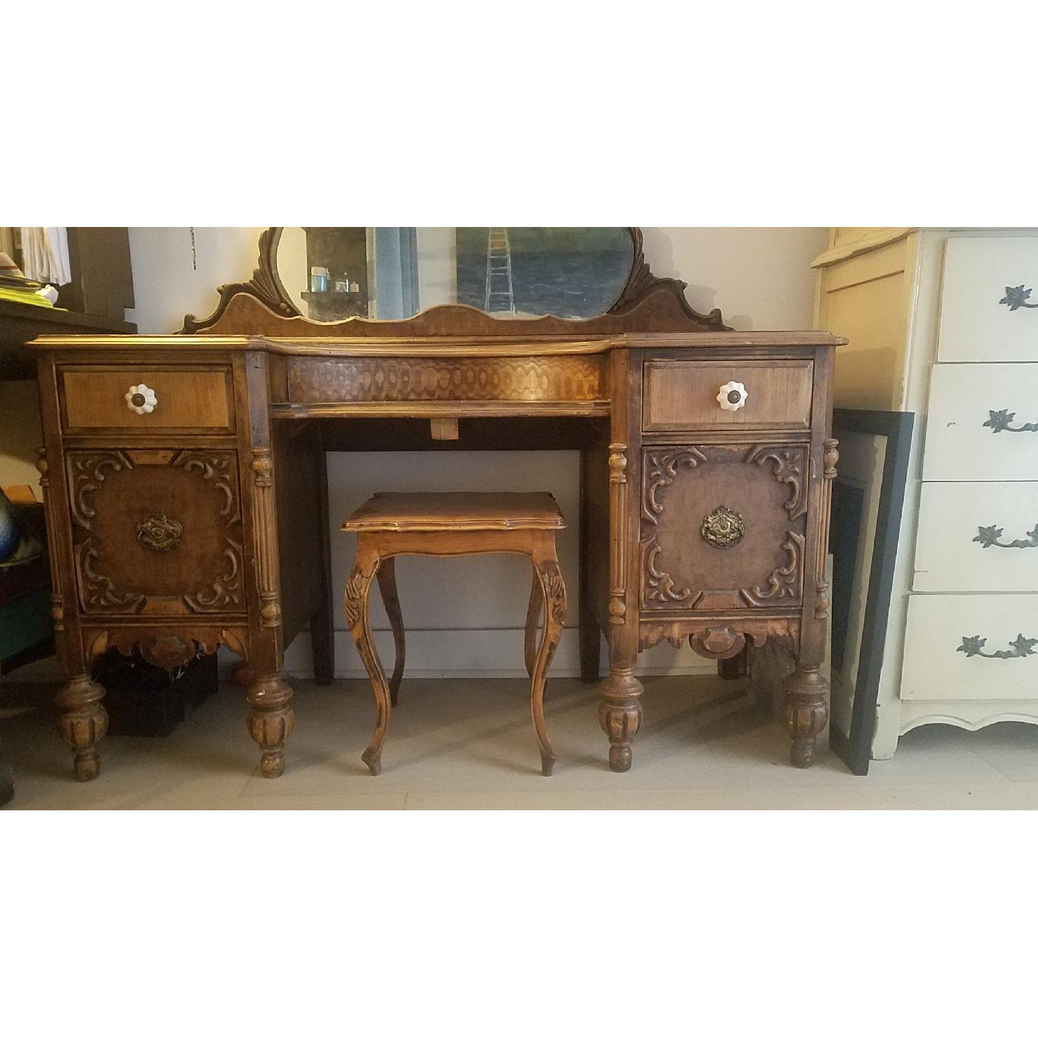 Antique Vanity w/ Mirror & Stool AptDeco
