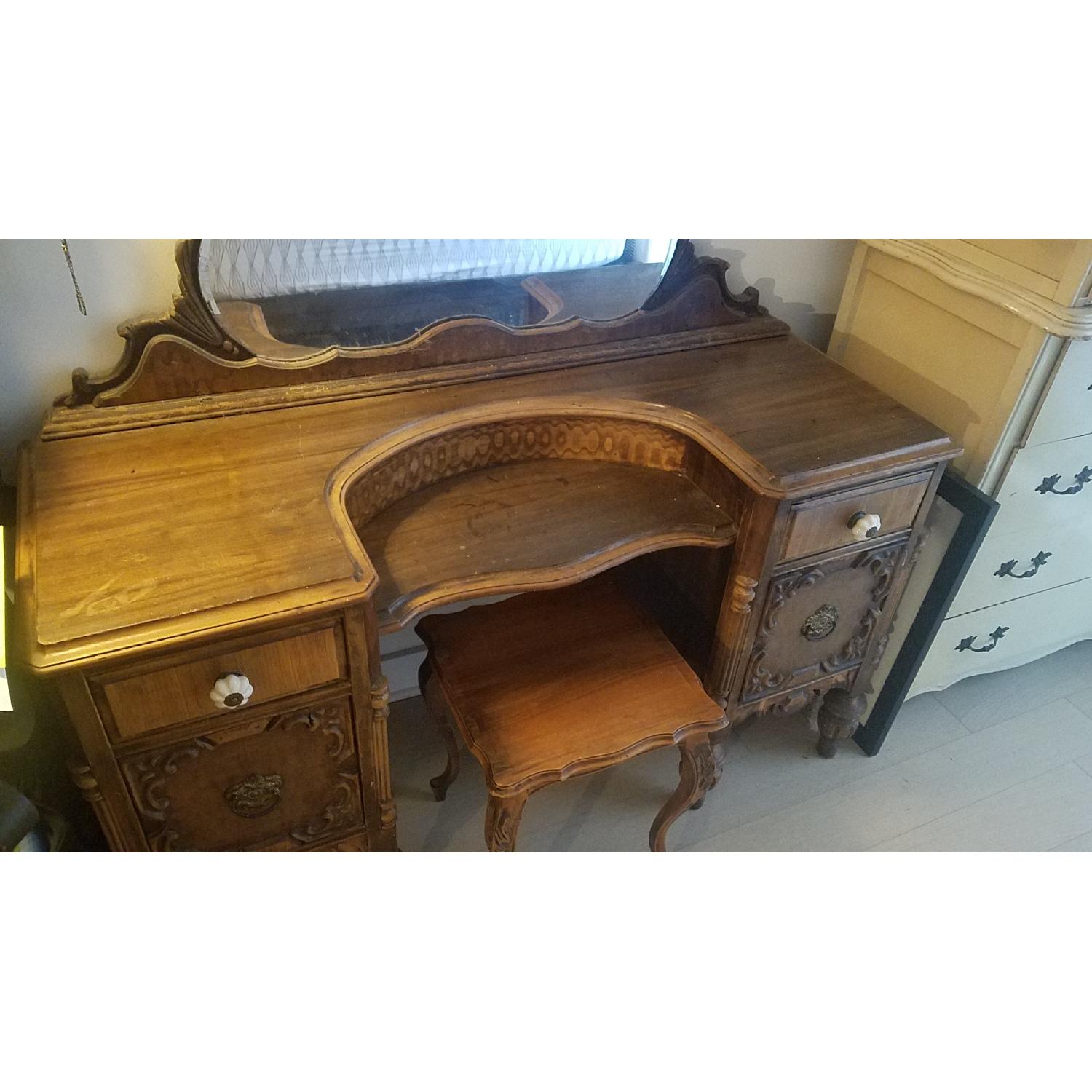 Antique Vanity w/ Mirror & Stool - image-2