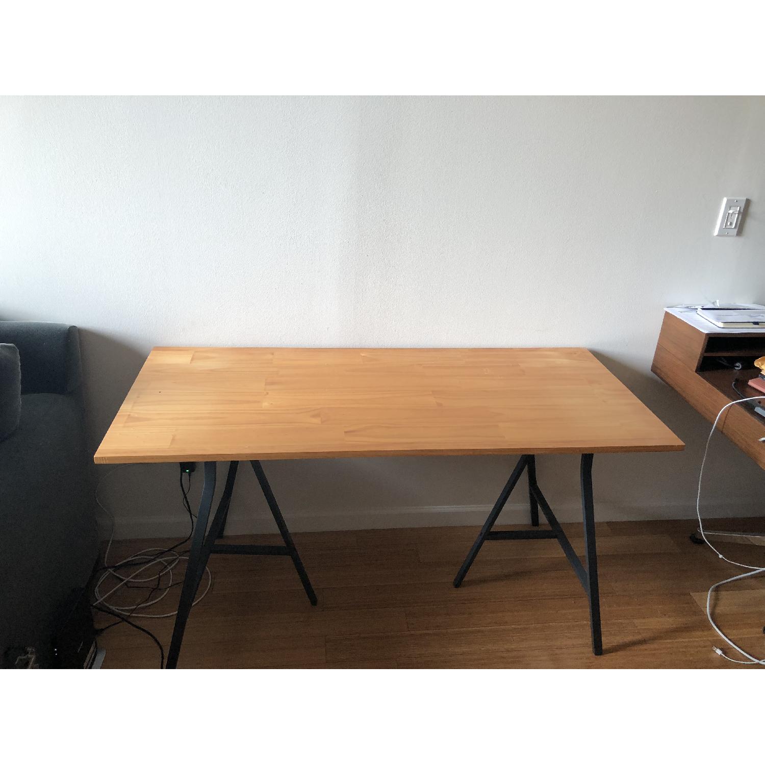 Wood Desktop w/ 2 Dark Gray Steel Crosscut Trestle Legs - image-1