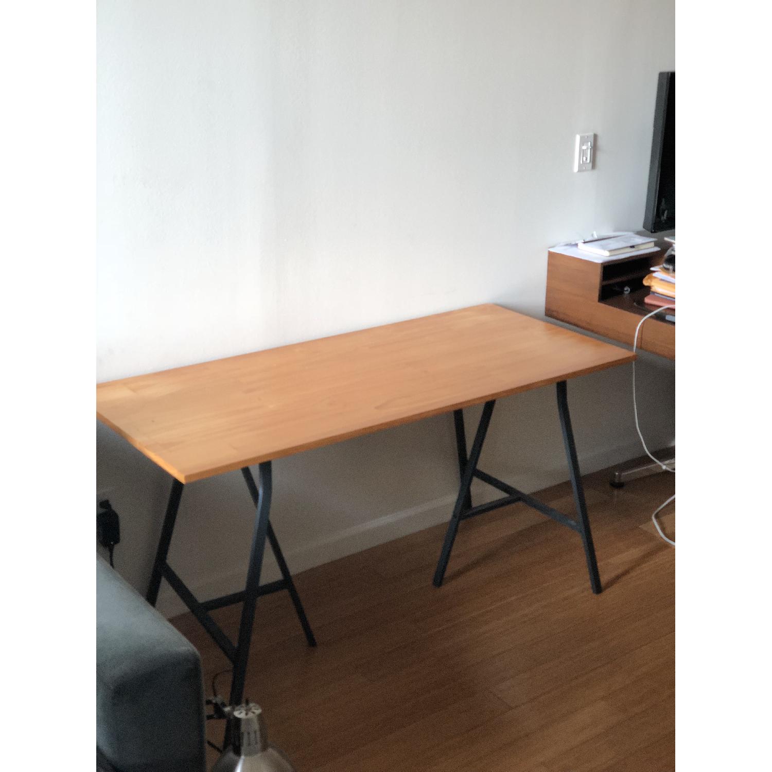 Wood Desktop w/ 2 Dark Gray Steel Crosscut Trestle Legs - image-2