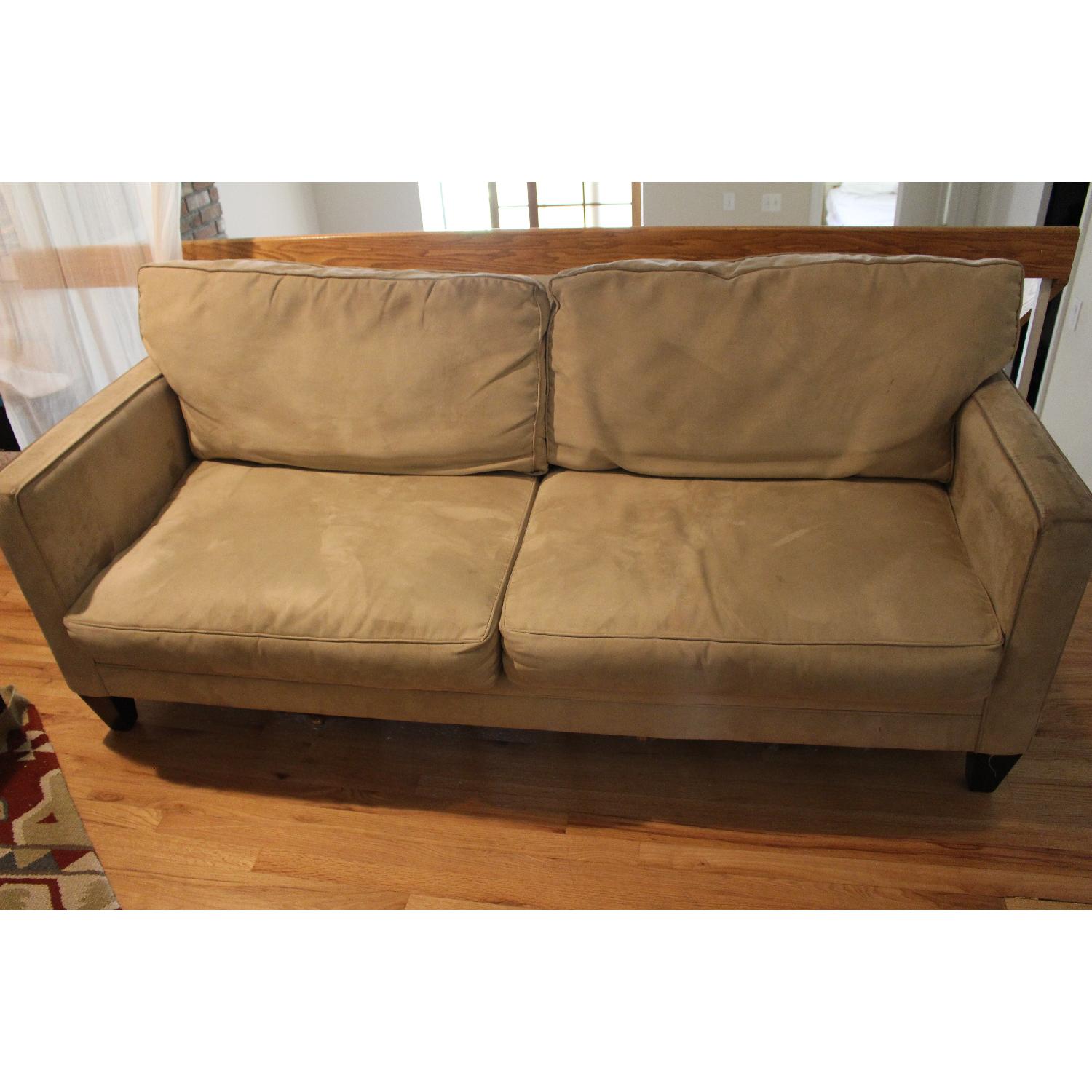 Macy's Bauhaus Beige Suede Couch AptDeco