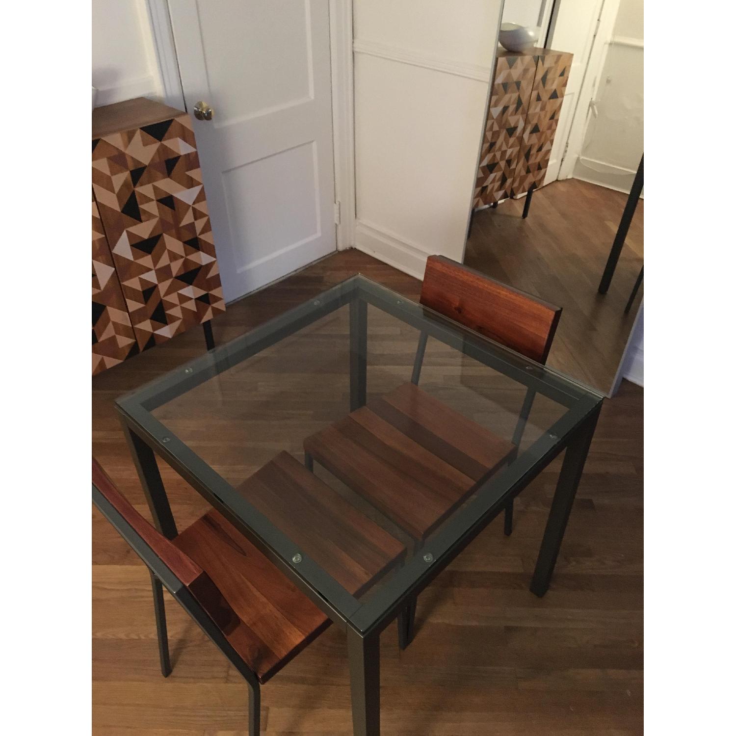 West Elm Box Frame Square Glass Dining Table w/ 2 Rustic Dining Chairs - image-1