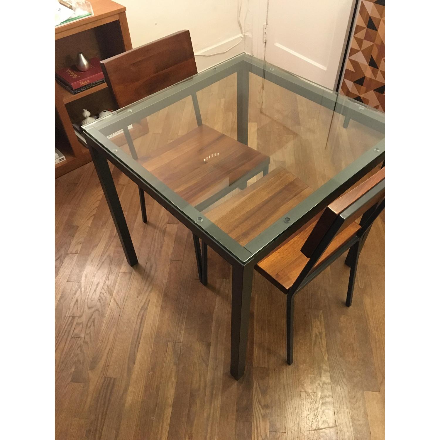 West Elm Box Frame Square Glass Dining Table w/ 2 Rustic Dining Chairs - image-8
