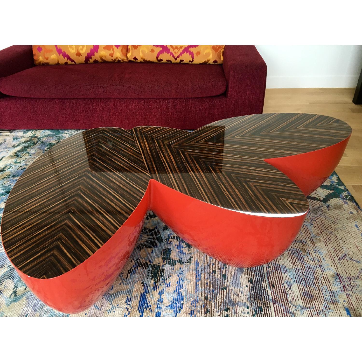 Leaf-Shaped Coffee Table w/ Red Base & Lacquer Wood Top - image-3