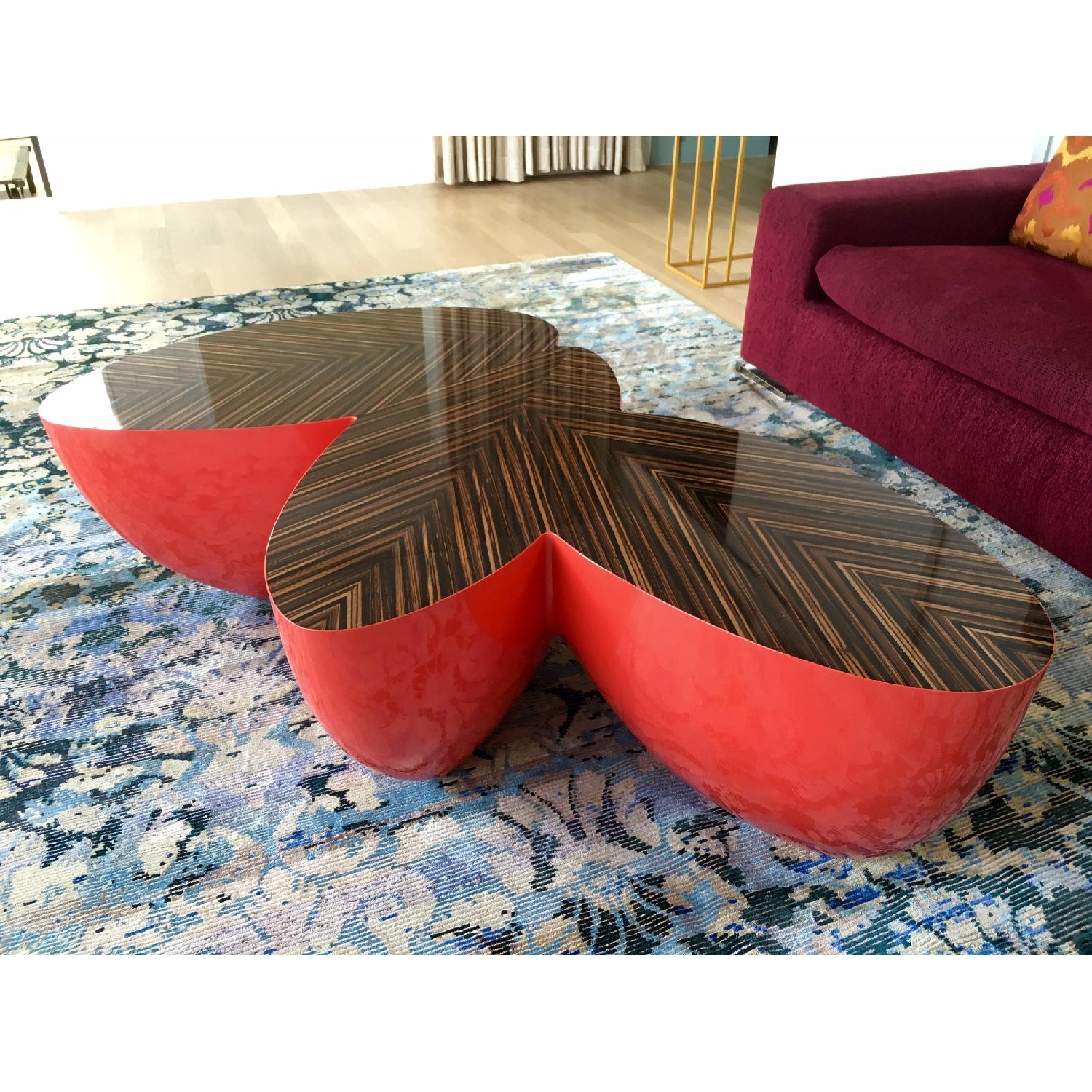 Leaf-Shaped Coffee Table w/ Red Base & Lacquer Wood Top - image-4