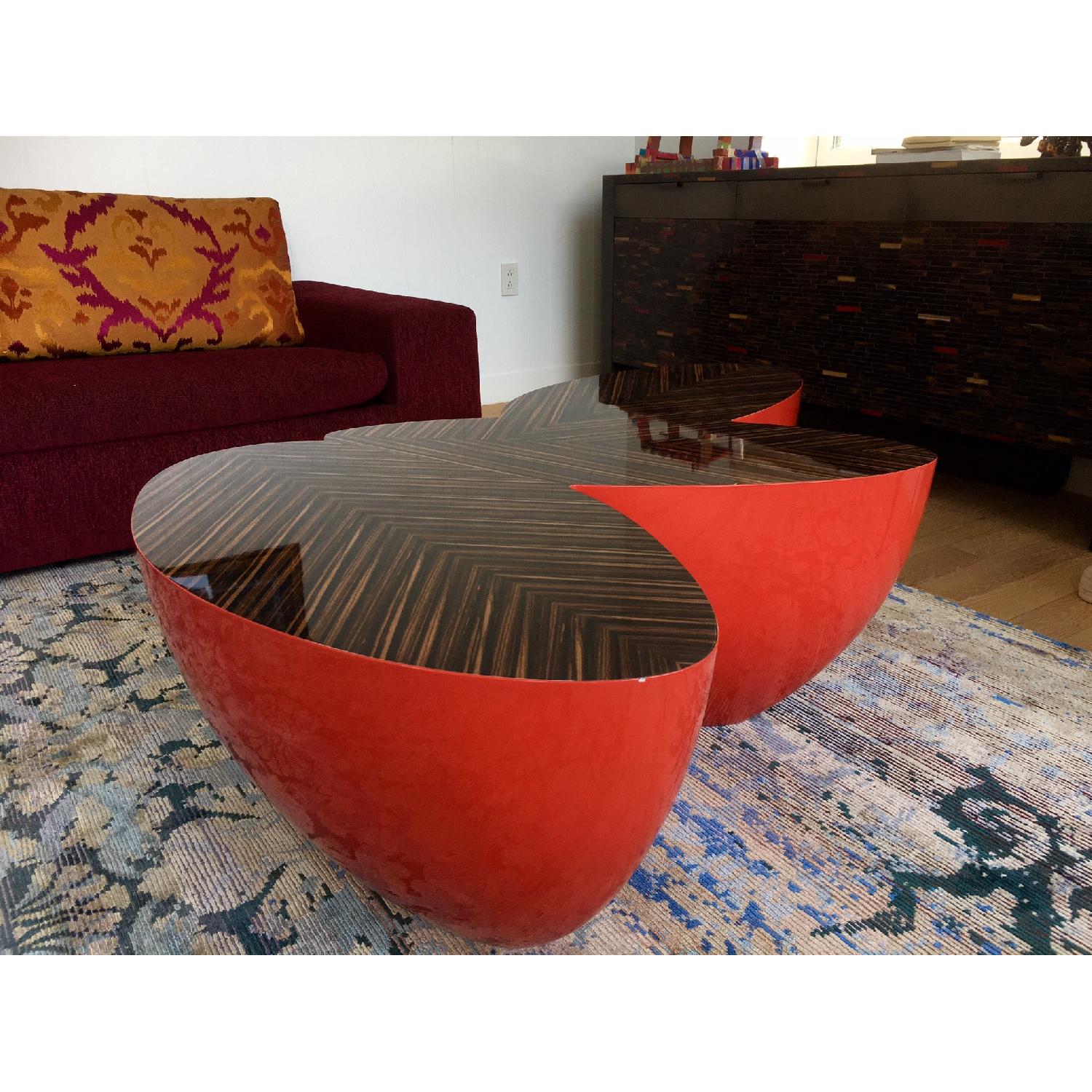 Leaf-Shaped Coffee Table w/ Red Base & Lacquer Wood Top - image-5