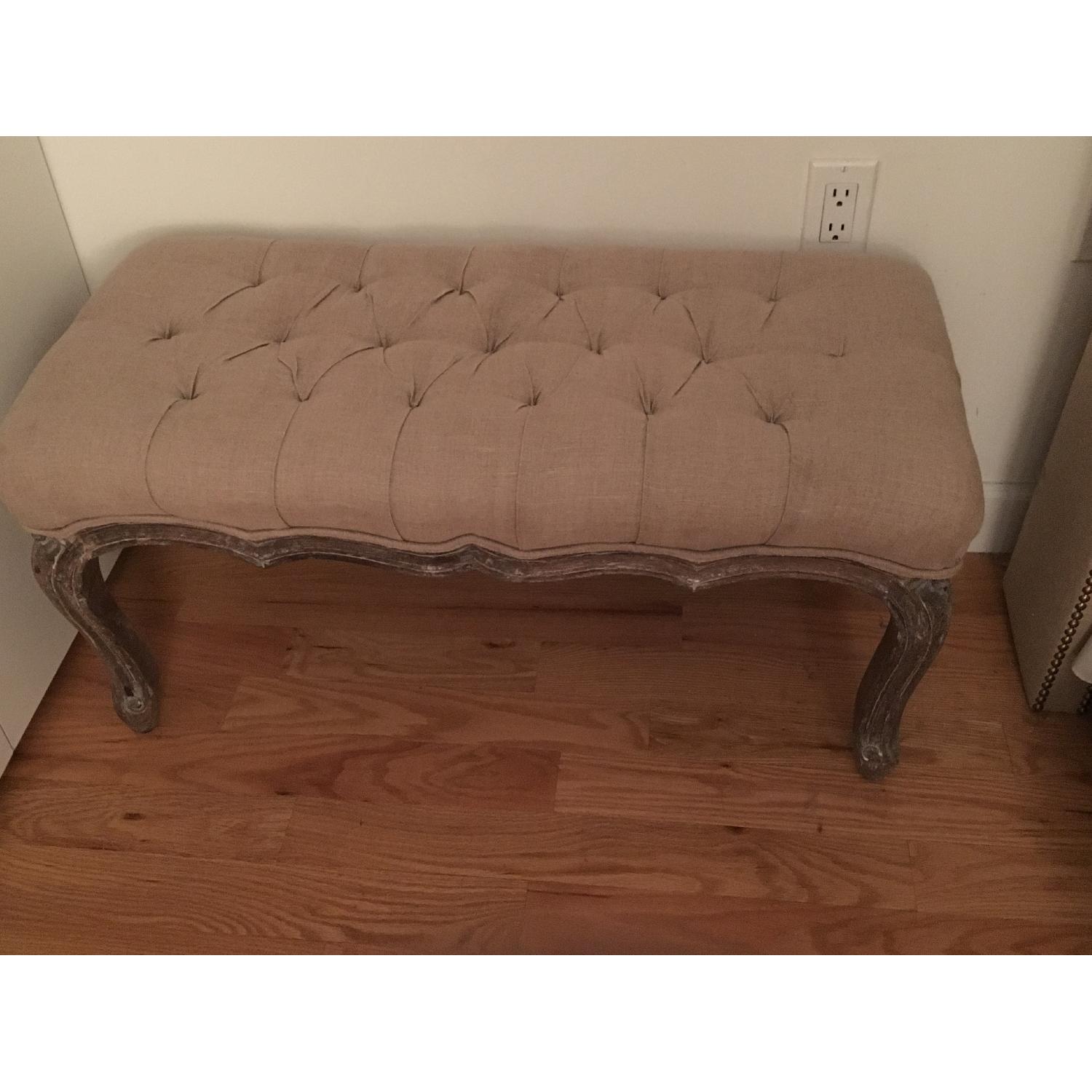 Pottery Barn Tufted Linen Upholstered Bench w/ Antique Legs - image-1