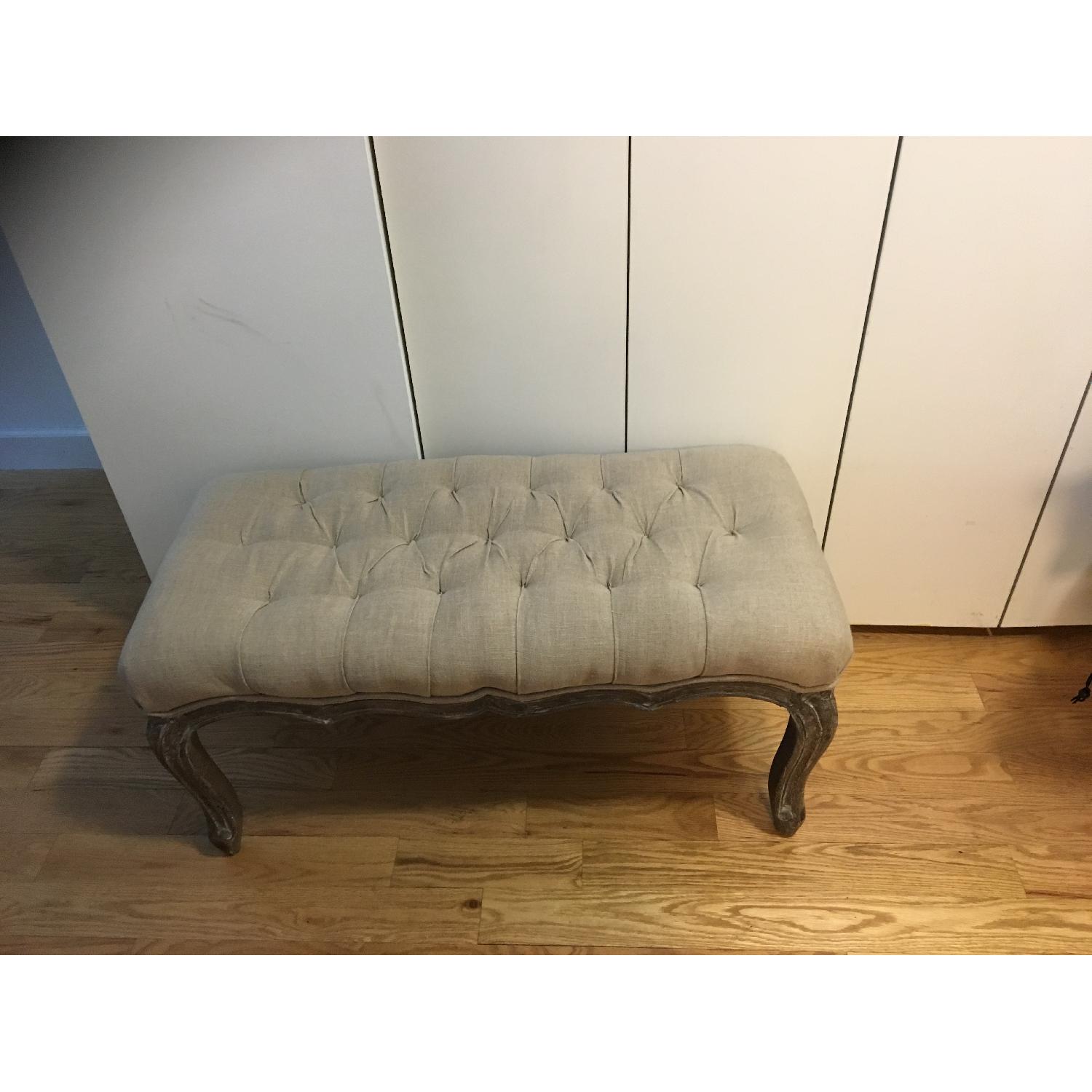 Pottery Barn Tufted Linen Upholstered Bench w/ Antique Legs - image-3