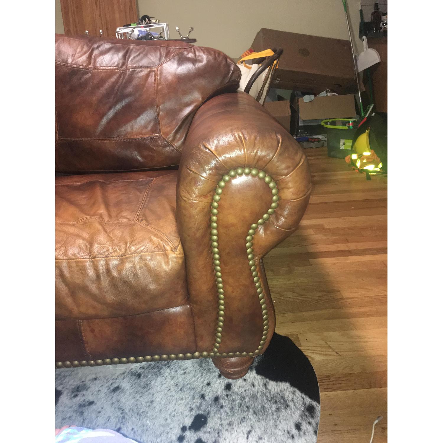 Overstuffed Brown Leather Sofa w/ Nail Stud Detail - image-2