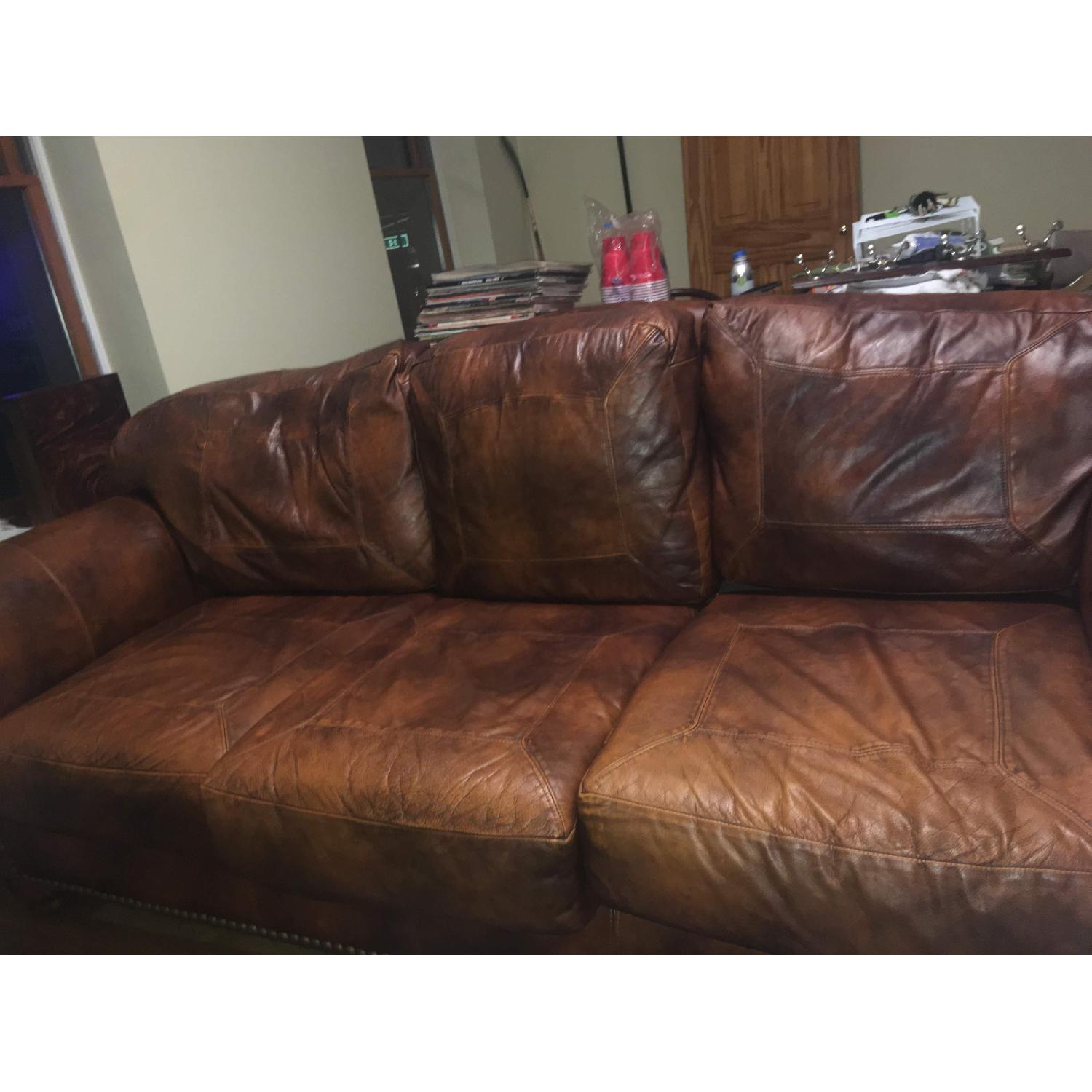Overstuffed Brown Leather Sofa w/ Nail Stud Detail - image-3