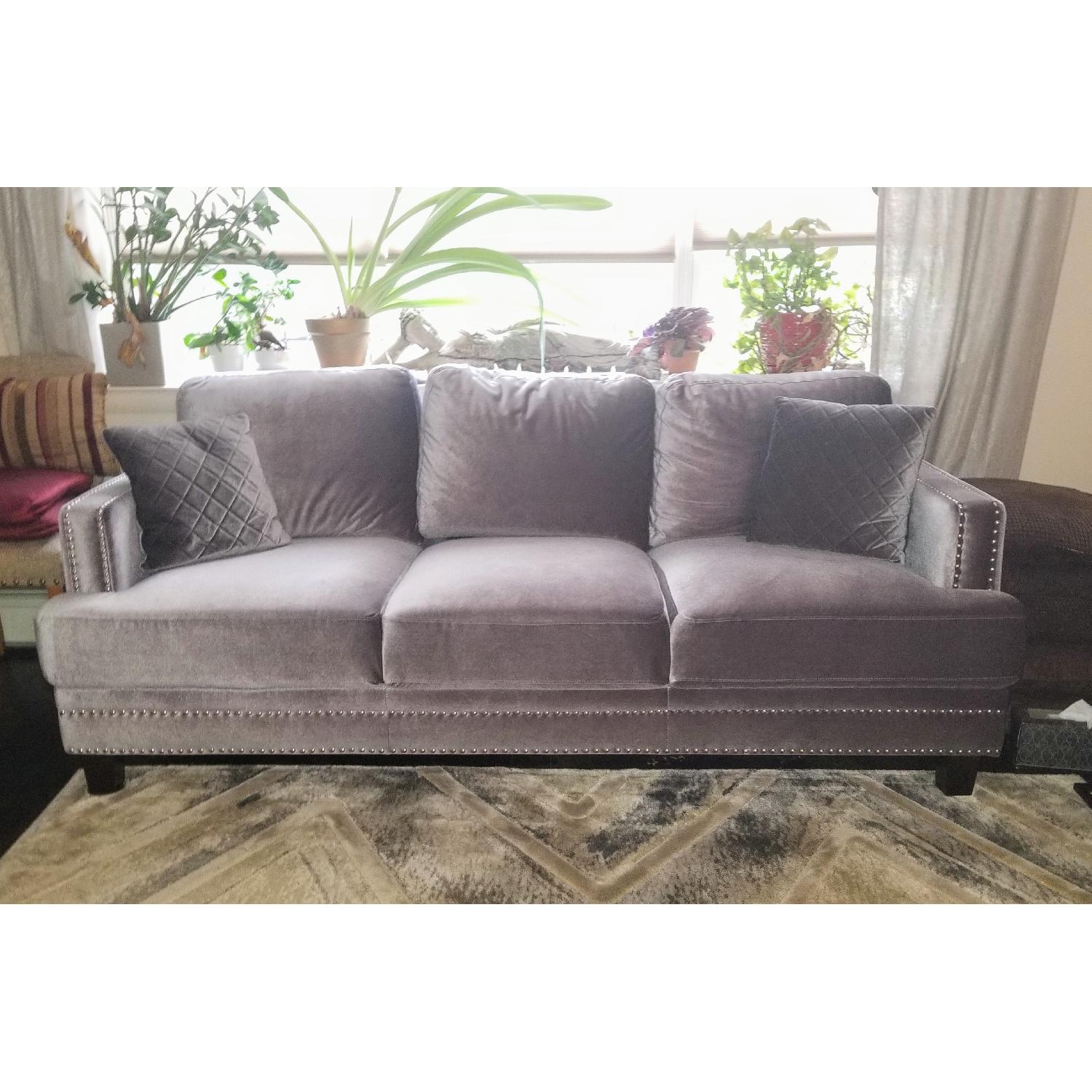 Meridian Furniture Gray Velvet Nailhead Sofa - image-1