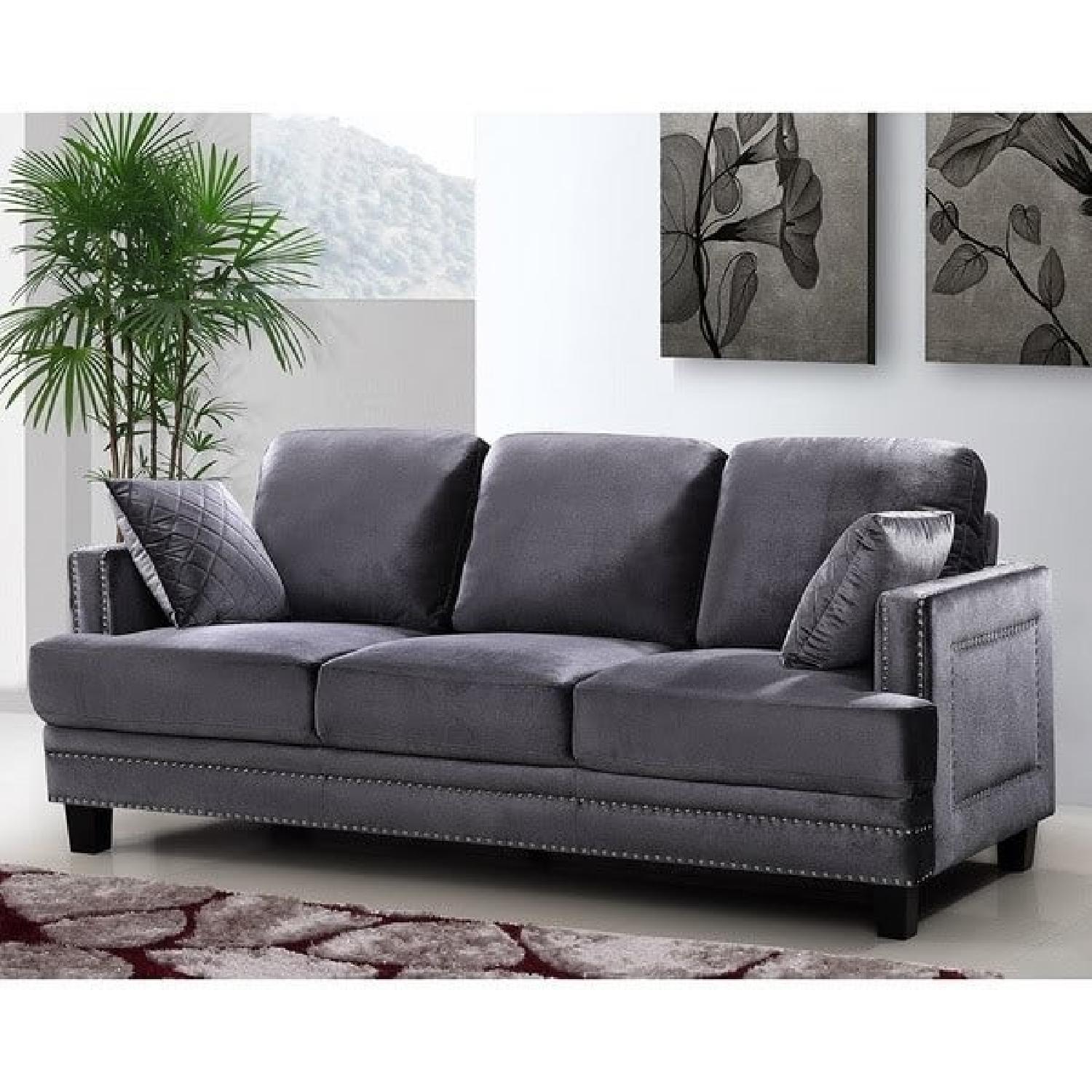 Meridian Furniture Gray Velvet Nailhead Sofa - image-4