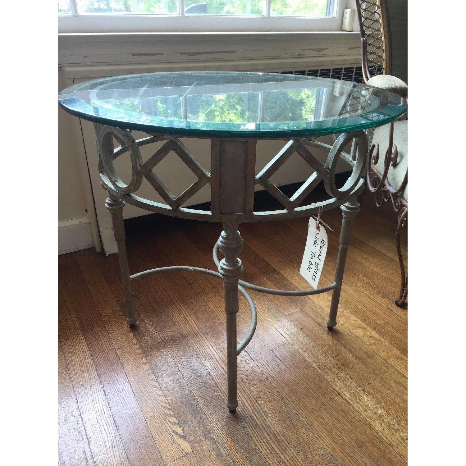 Antique Glass Top Round Side Table in Worn Turquoise AptDeco