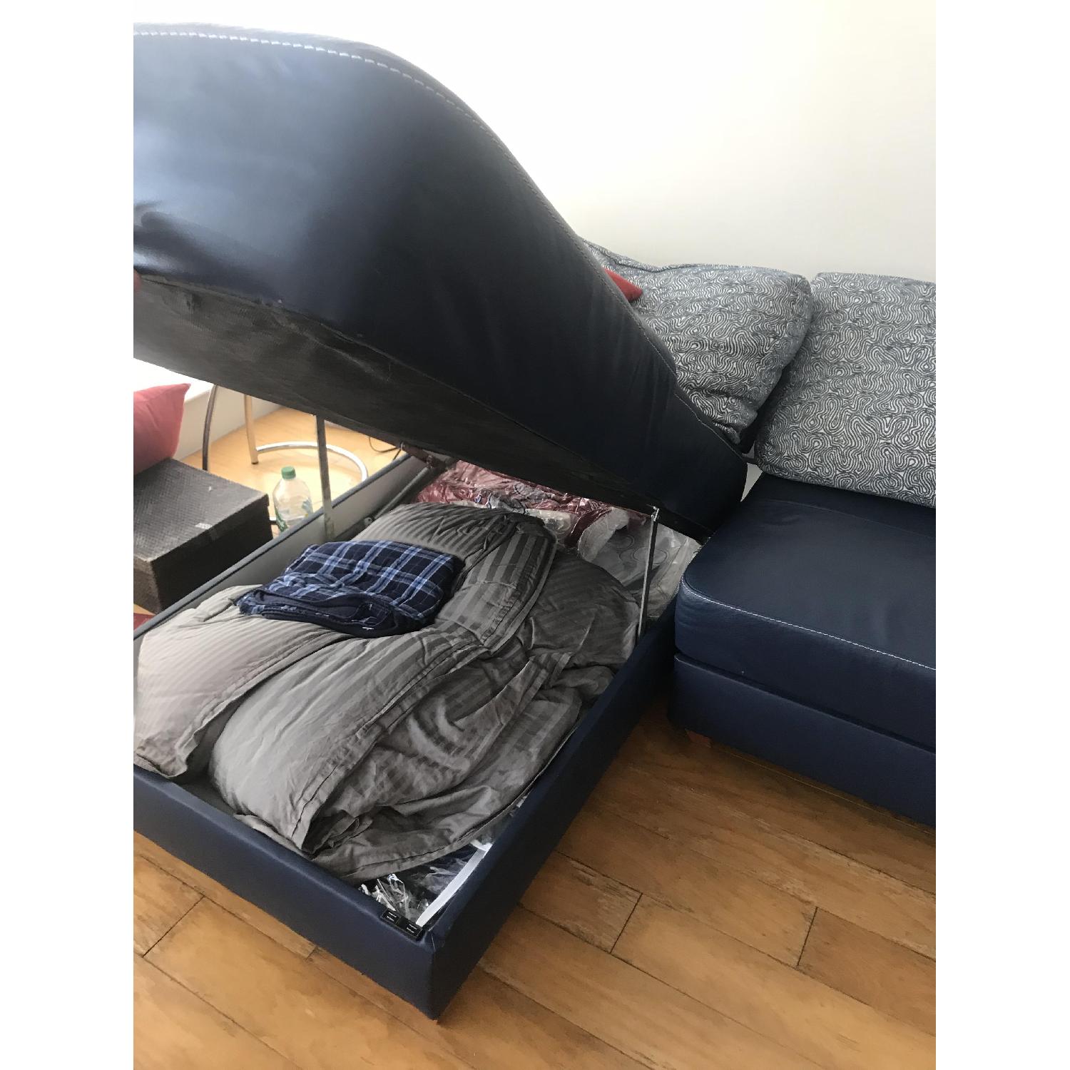 Blue Leather Sleeper Sectional Sofa w/ Storage - image-2