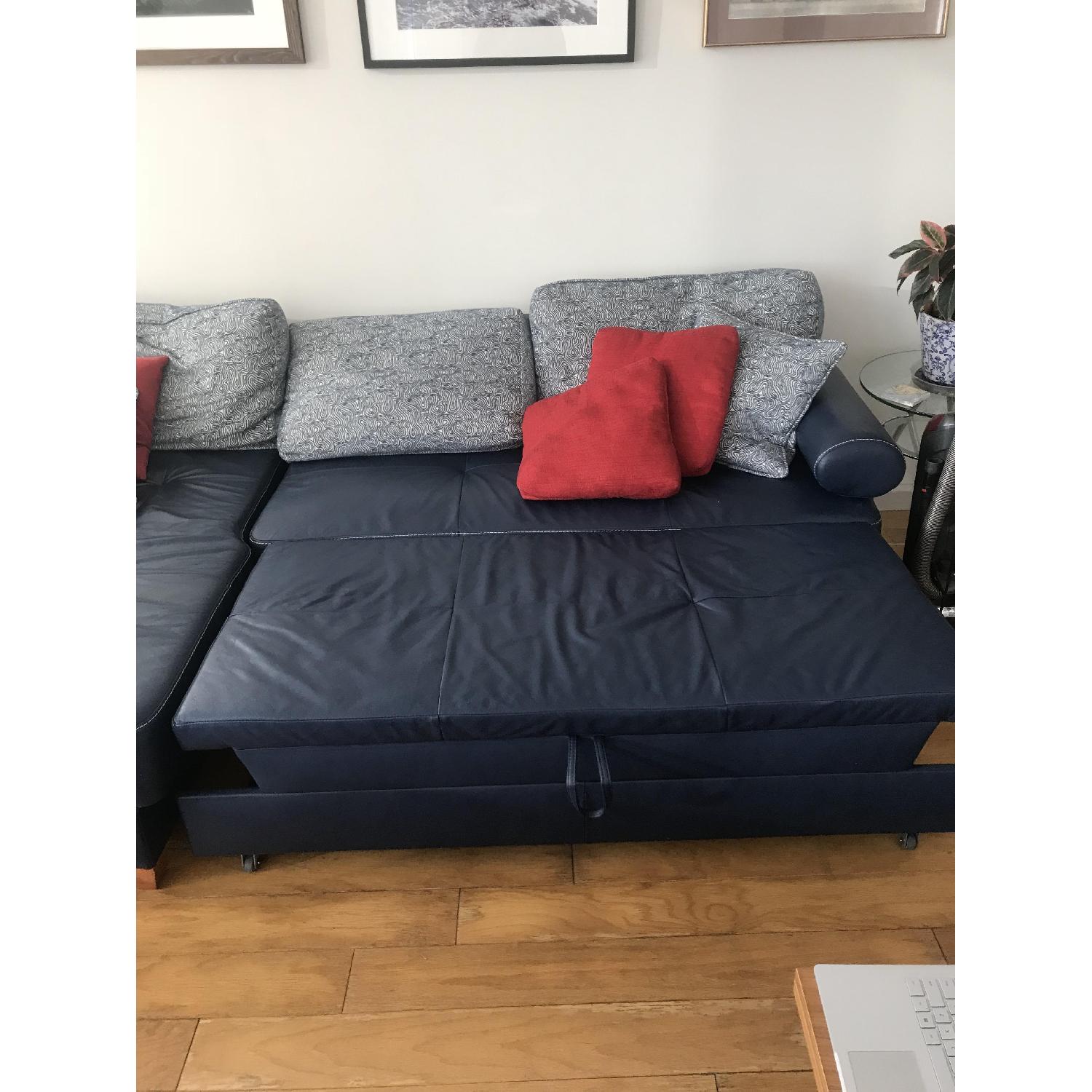 Blue Leather Sleeper Sectional Sofa w/ Storage - image-3